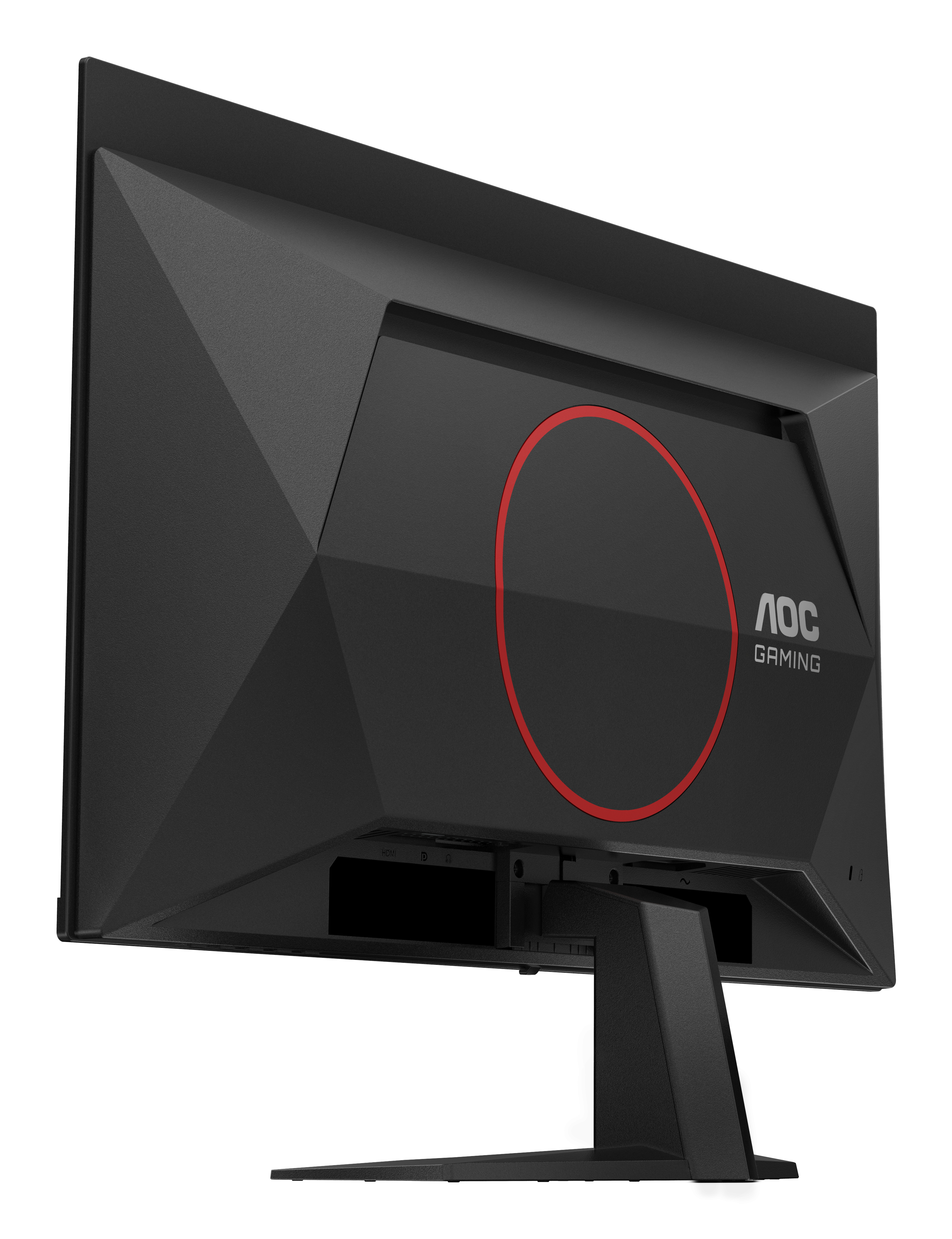 Rückseite eines schwarzen AOC-Gaming-Monitors. Es hat einen roten Kreis und das AOC Gaming-Logo.