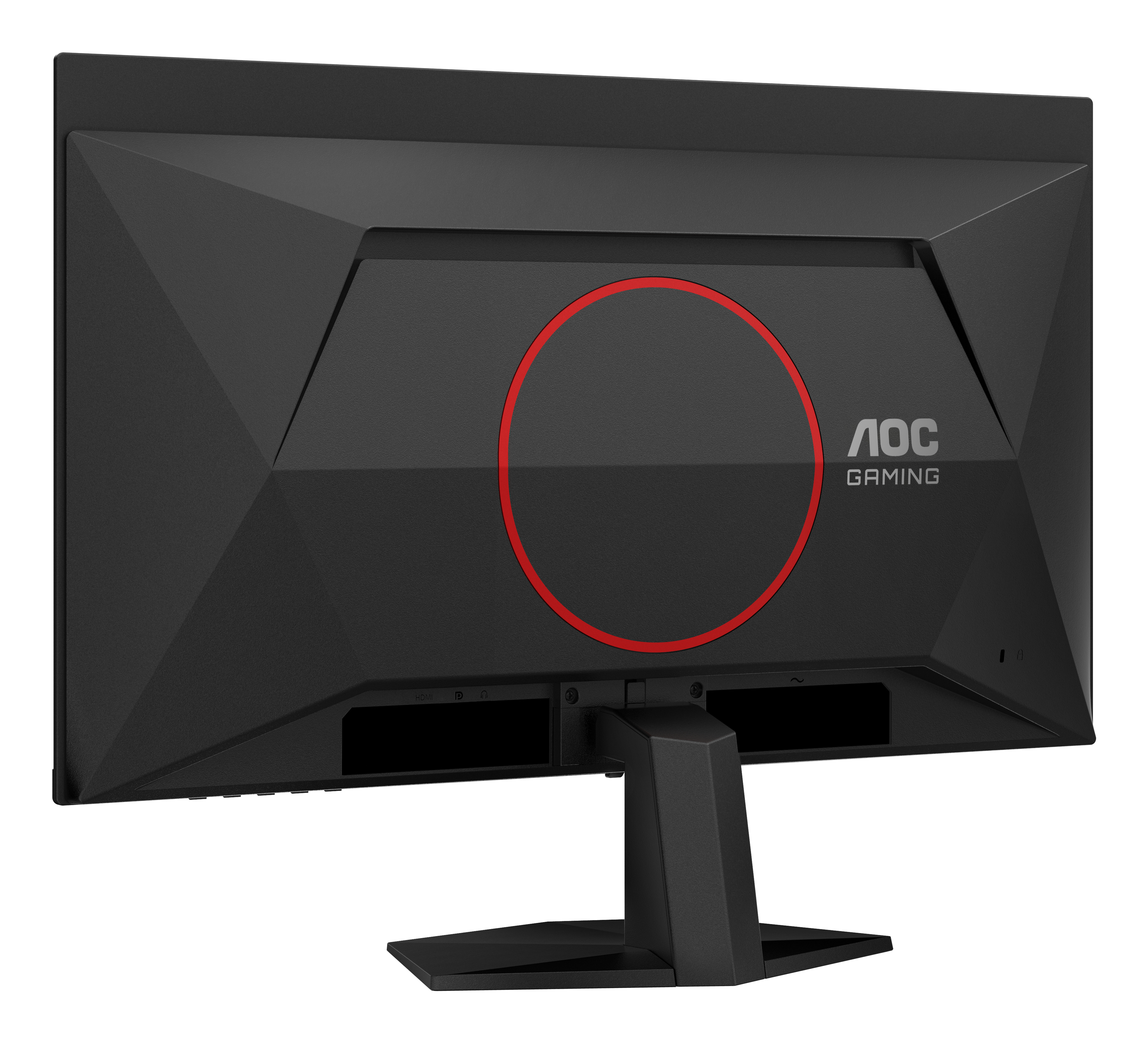 Rückseite eines schwarzen AOC-Gaming-Monitors. Es zeigt einen roten Kreis und das AOC Gaming-Logo.