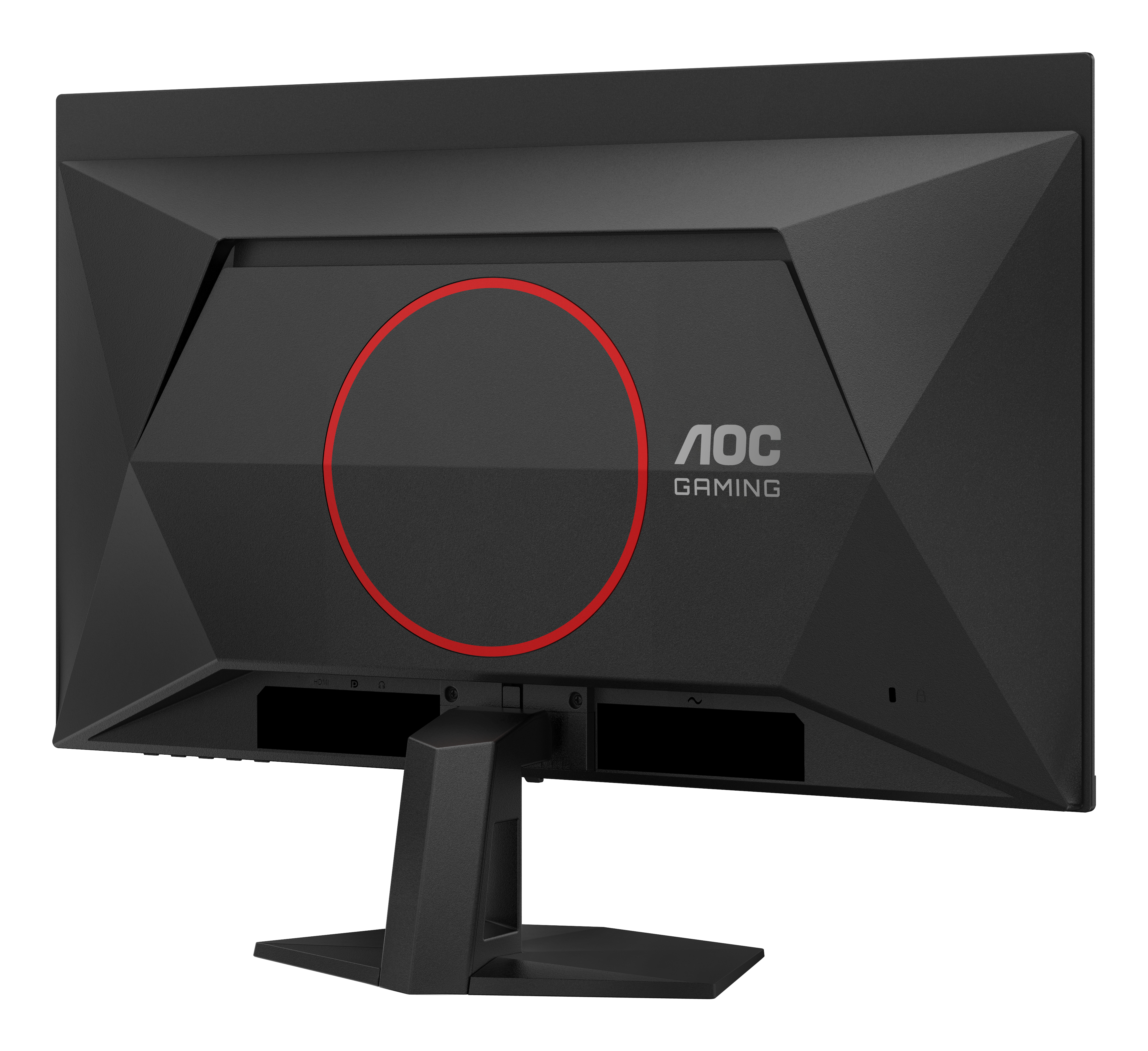 Schwarzer AOC-Gaming-Monitor-Rücken. Roter Kreis. Schwarzer Ständer. AOC-Gaming-Logo.