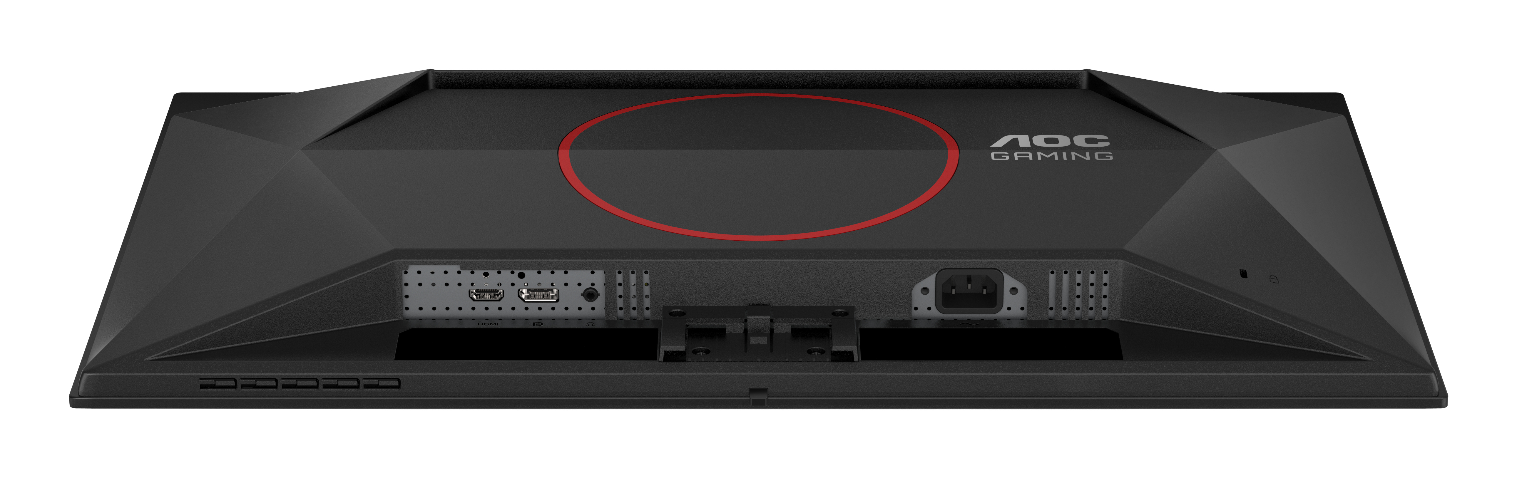 Rückseite eines schwarzen AOC-Gaming-Monitors. Es hat einen roten Kreis und den Markennamen. Verschiedene Anschlüsse sind sichtbar.