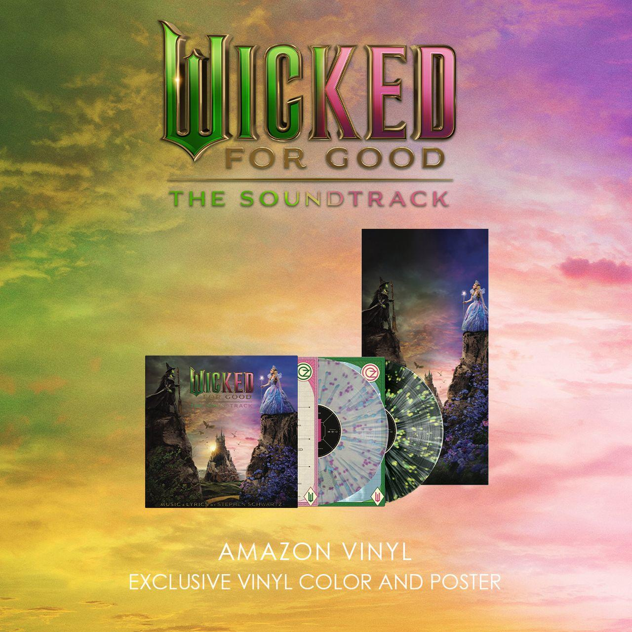 A képen a Wicked filmzene látható bakeliten. Tartalmazza az album borítóját, bakelit lemezeket és a szöveget: Amazon Vinyl, exkluzív bakelit szín és poszter.
