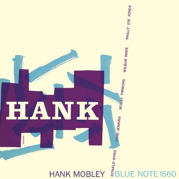 Hank Mobley album borítója. A HANK szó fehérrel, lila és kék absztrakt dizájnnal. Nevek és cím jelennek meg.