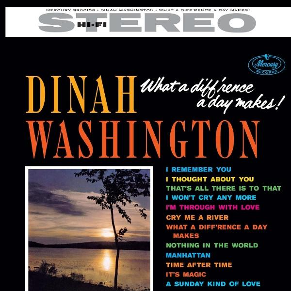 Album borító: Dinah Washington, 'What a Diff'rence a Day Makes!' naplementés tókép és a dalok címeivel.