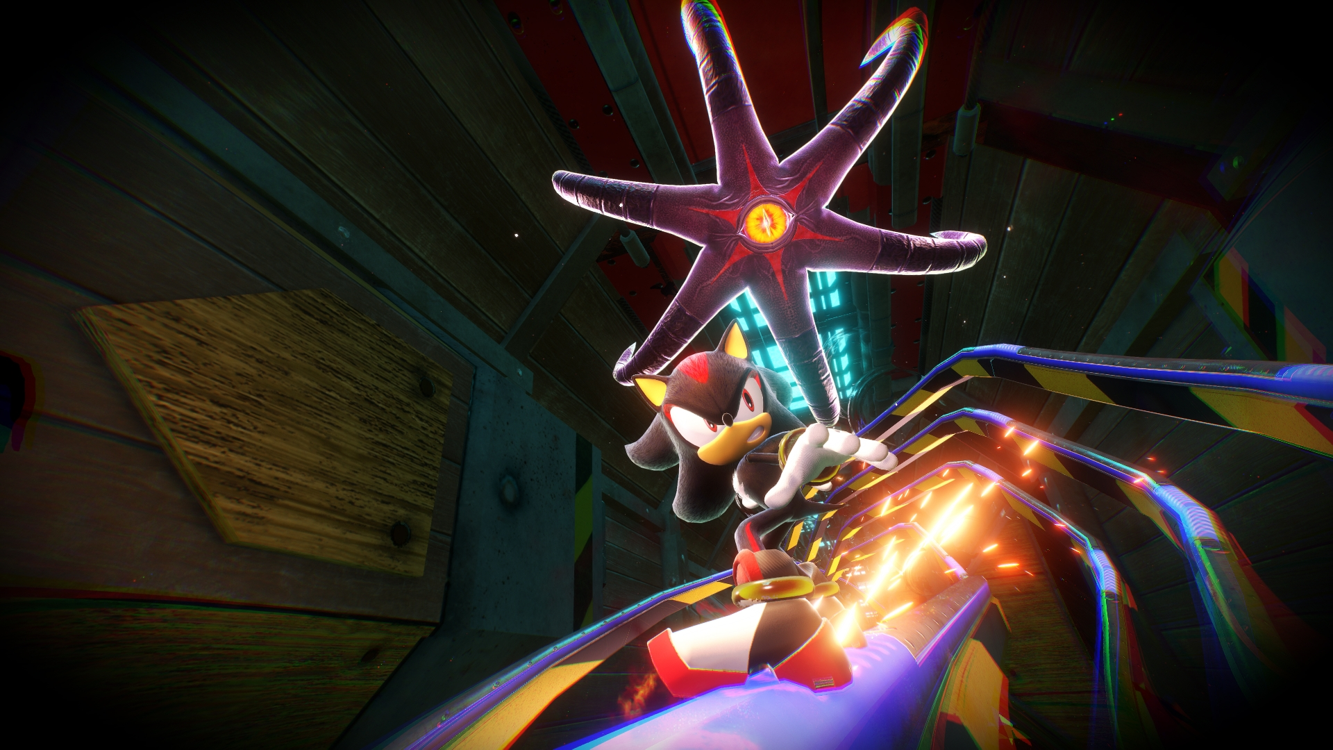 Shadow the Hedgehog bir parkurda, üzerinde mor yıldız şeklinde bir nesne. Sahne fütüristik, renkli bir tasarıma sahip.