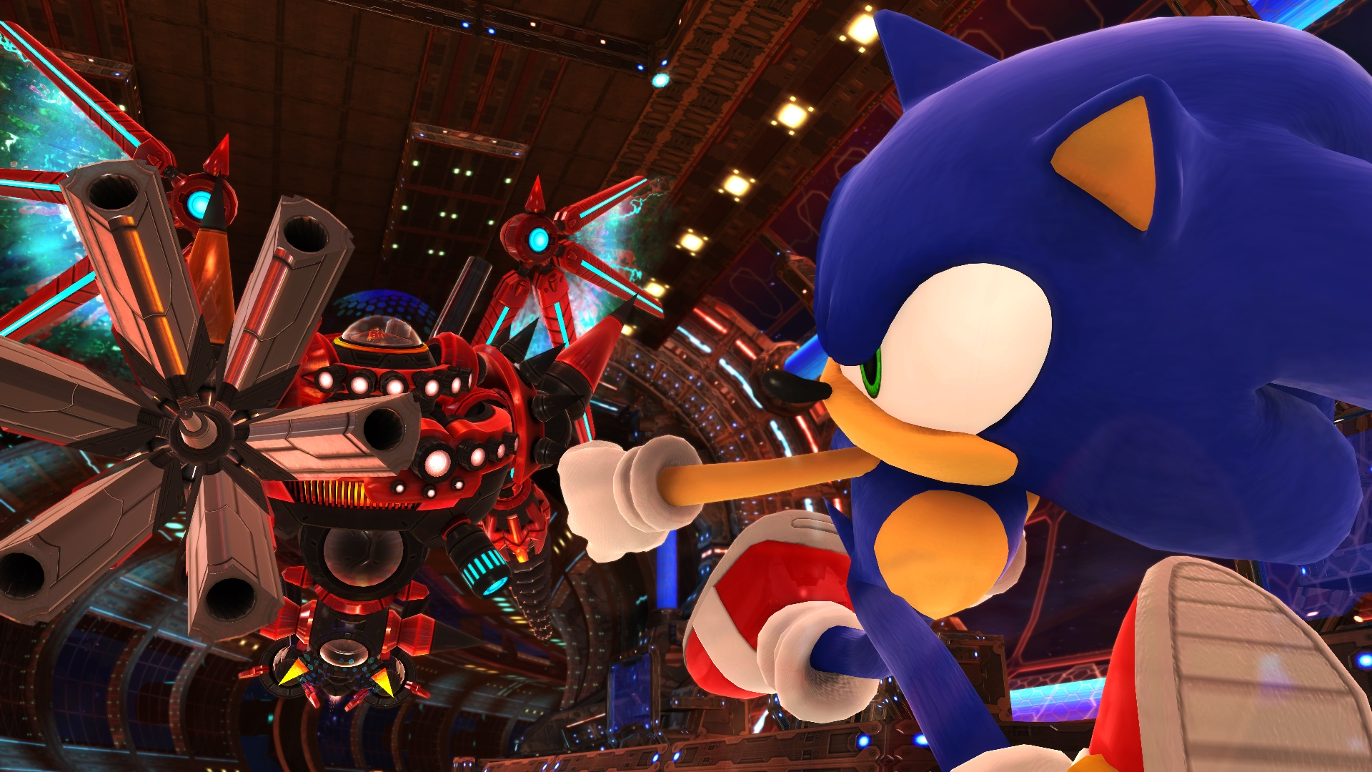 Sonic the Hedgehog, kırmızı bir robotla karşı karşıya. Arka plan, ışıklarla dolu fütüristik bir arena.