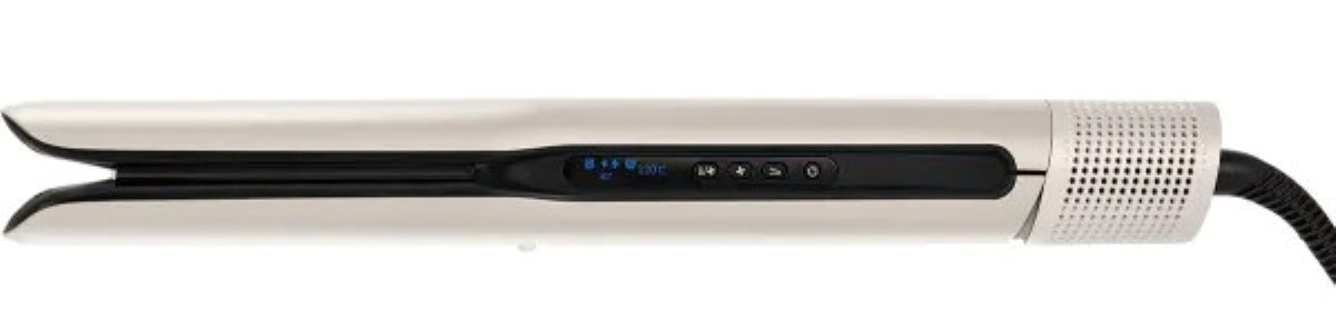 Biało-czarna prostownica do włosów. Posiada cyfrowy wyświetlacz i czarny przewód zasilający.