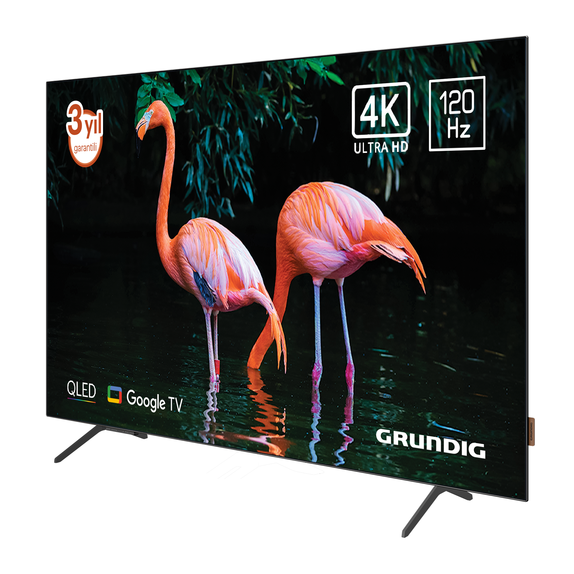 Sudaki flamingolarla TV ekranı. 4K, 120Hz, Google TV. Grundig markası. 3 yıl garanti.