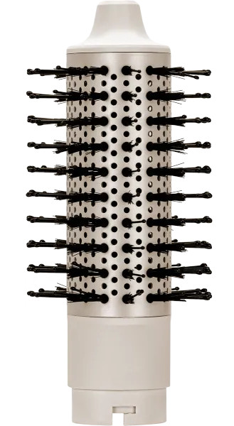 Okrągła szczotka do włosów z czarnym włosiem i srebrną metalową lufą z otworami. Rękojeść jest biała i beżowa.