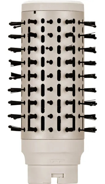 Cylindryczna szczotka do stylizacji włosów. Ma beżowy korpus z czarnym włosiem i otworami.