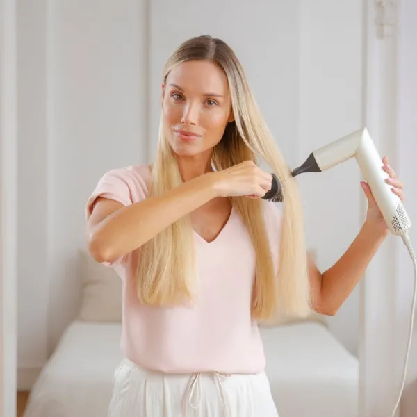 Kobieta z blond włosami suszy włosy suszarką. Ma na sobie różową koszulę i białe spodnie. W tle znajduje się łóżko.