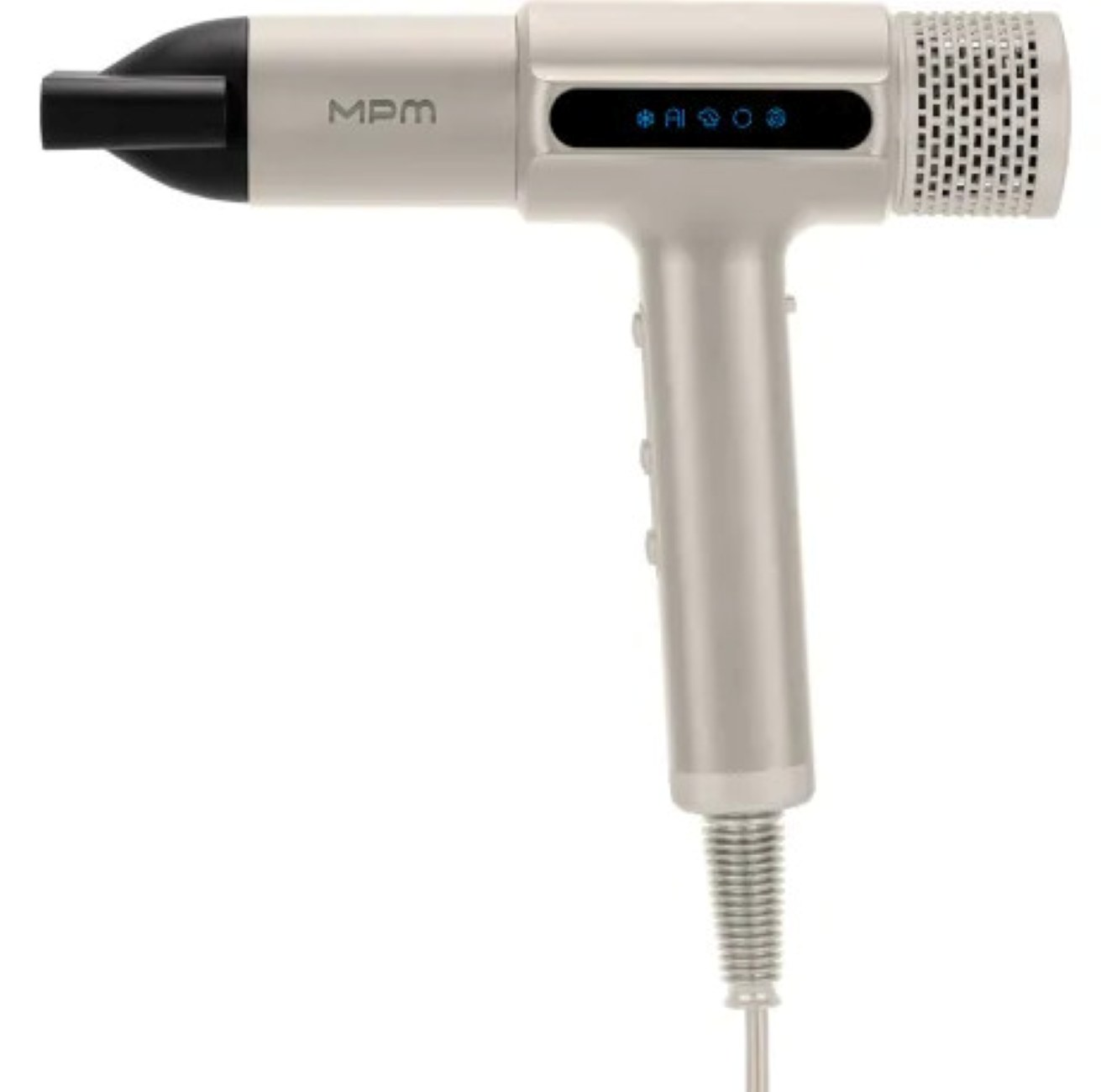 Beżowa suszarka do włosów z czarną dyszą i uchwytem. Posiada cyfrowy wyświetlacz, a na niej nadrukowana jest nazwa marki MPM.
