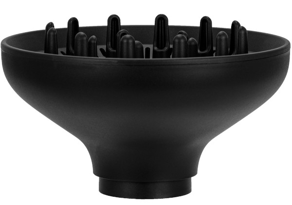 Czarny dyfuzor do suszarki do włosów. Ma kształt miski z kilkoma czarnymi, palczastymi przedłużeniami na górze.