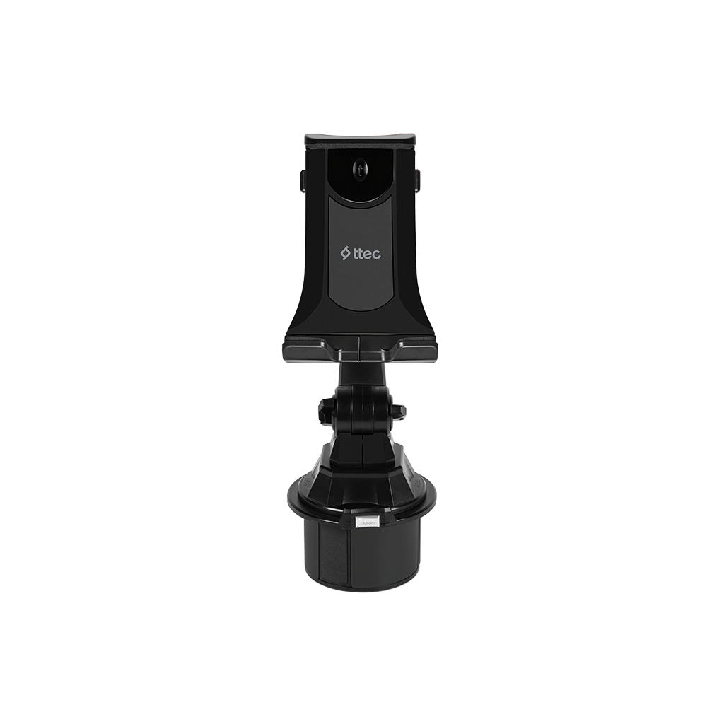 Siyah bir araç telefon tutucusu. Bardak tutucu tabanı, ayarlanabilir kolu ve telefon yuvası vardır. Ttec logosu görünür.