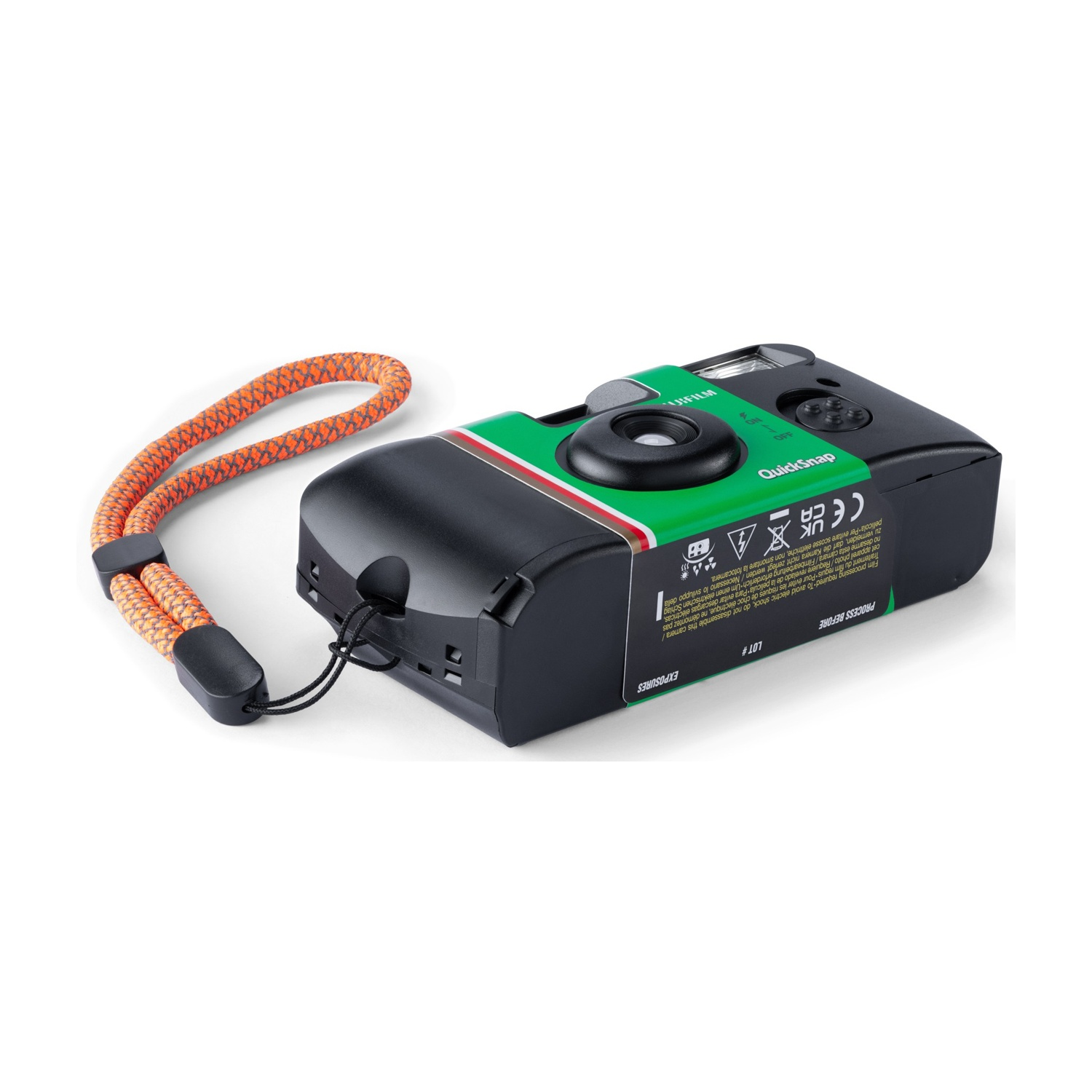 Una fotocamera Fujifilm QuickSnap con corpo verde e nero. Ha un cinturino da polso arancione. La fotocamera è su una superficie bianca.