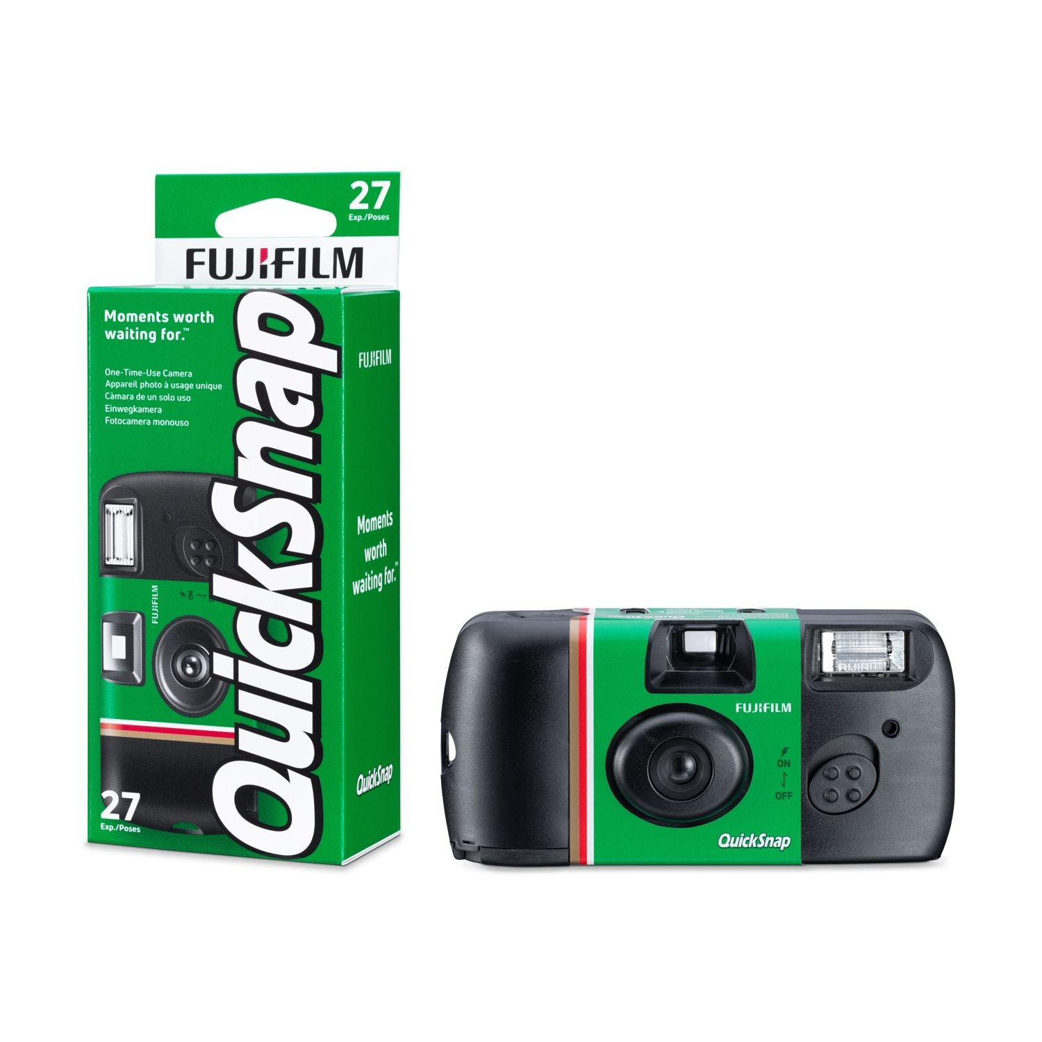 Una fotocamera Fujifilm QuickSnap e la sua confezione su sfondo bianco. La fotocamera è nera con una striscia verde. La scatola è verde.