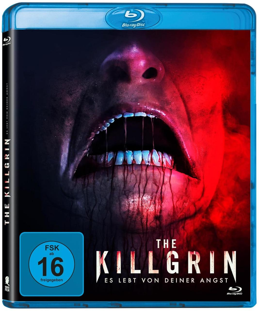 Blu-ray-Cover für 'The Killgrin'. Nahaufnahme eines schreienden Gesichts mit offenem Mund, Blut tropft. Roter und schwarzer Hintergrund.