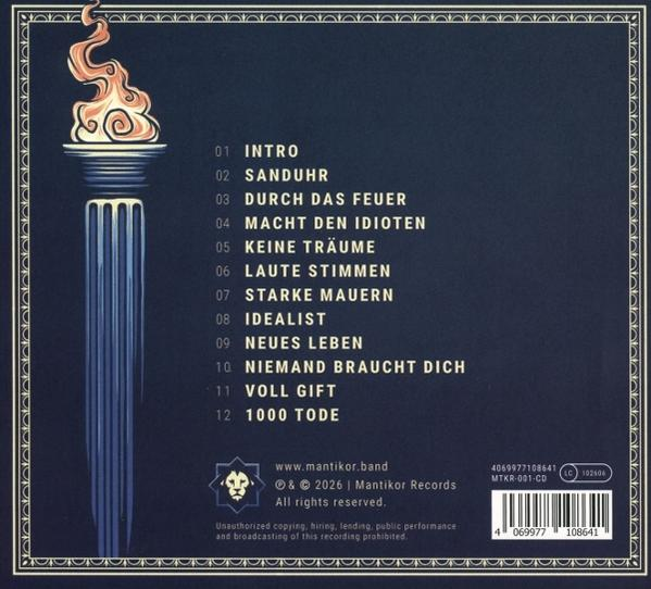 CD-Rückseite mit Fackel-Illustration, Titelliste auf Deutsch und Copyright-Details.