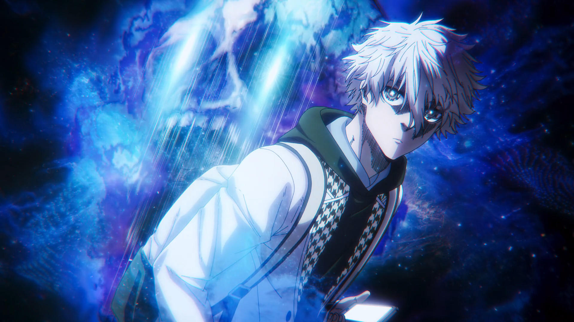 Anime-Charakter mit weißen Haaren und blauen Augen, trägt eine weiße Jacke. Der Hintergrund zeigt eine kosmische, blau getönte Szene.