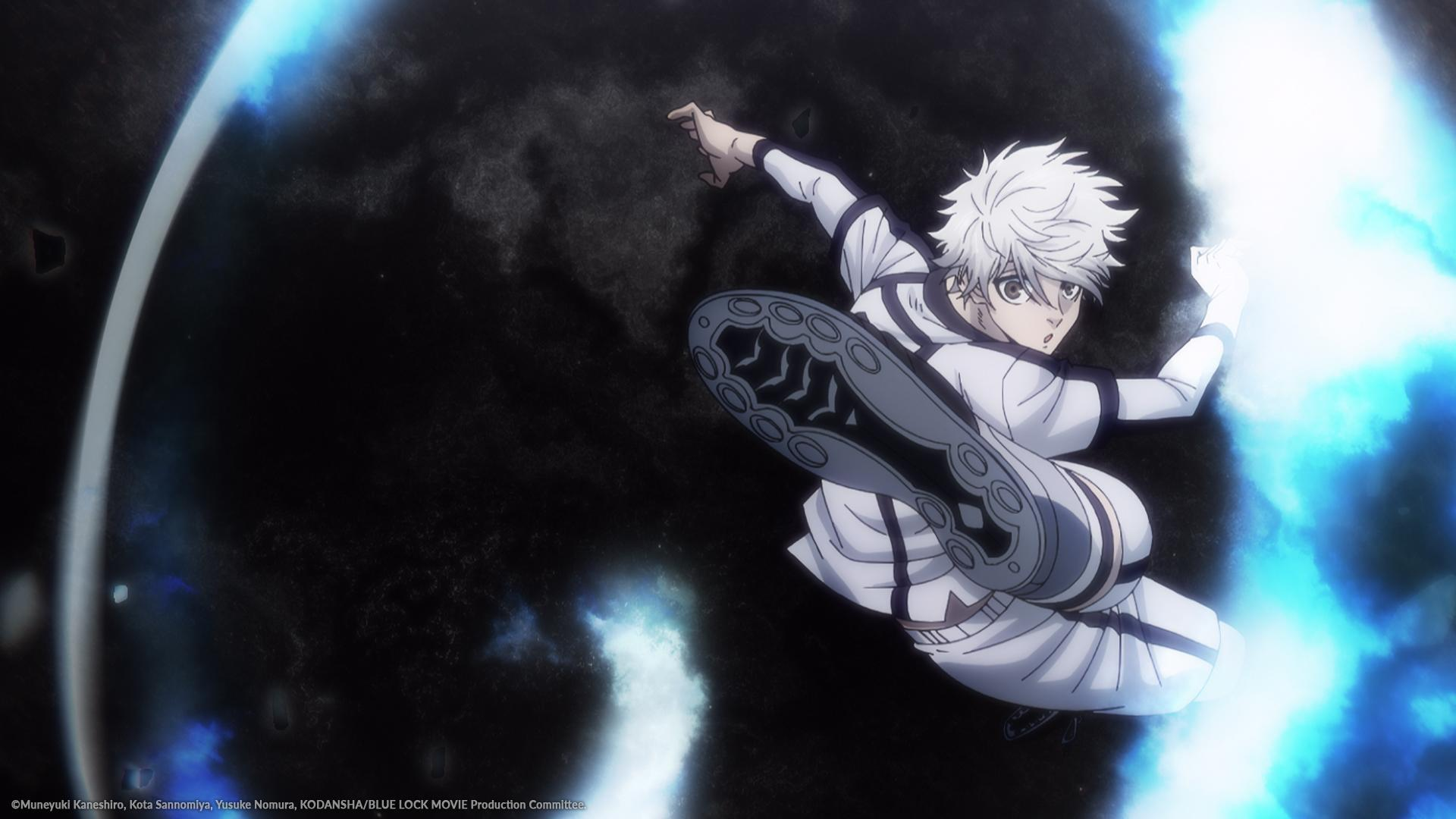 Anime-Charakter in weißer Uniform tritt. Der Hintergrund zeigt einen dunklen Weltraum mit blauer Energie. Der Charakter hat weißes Haar.