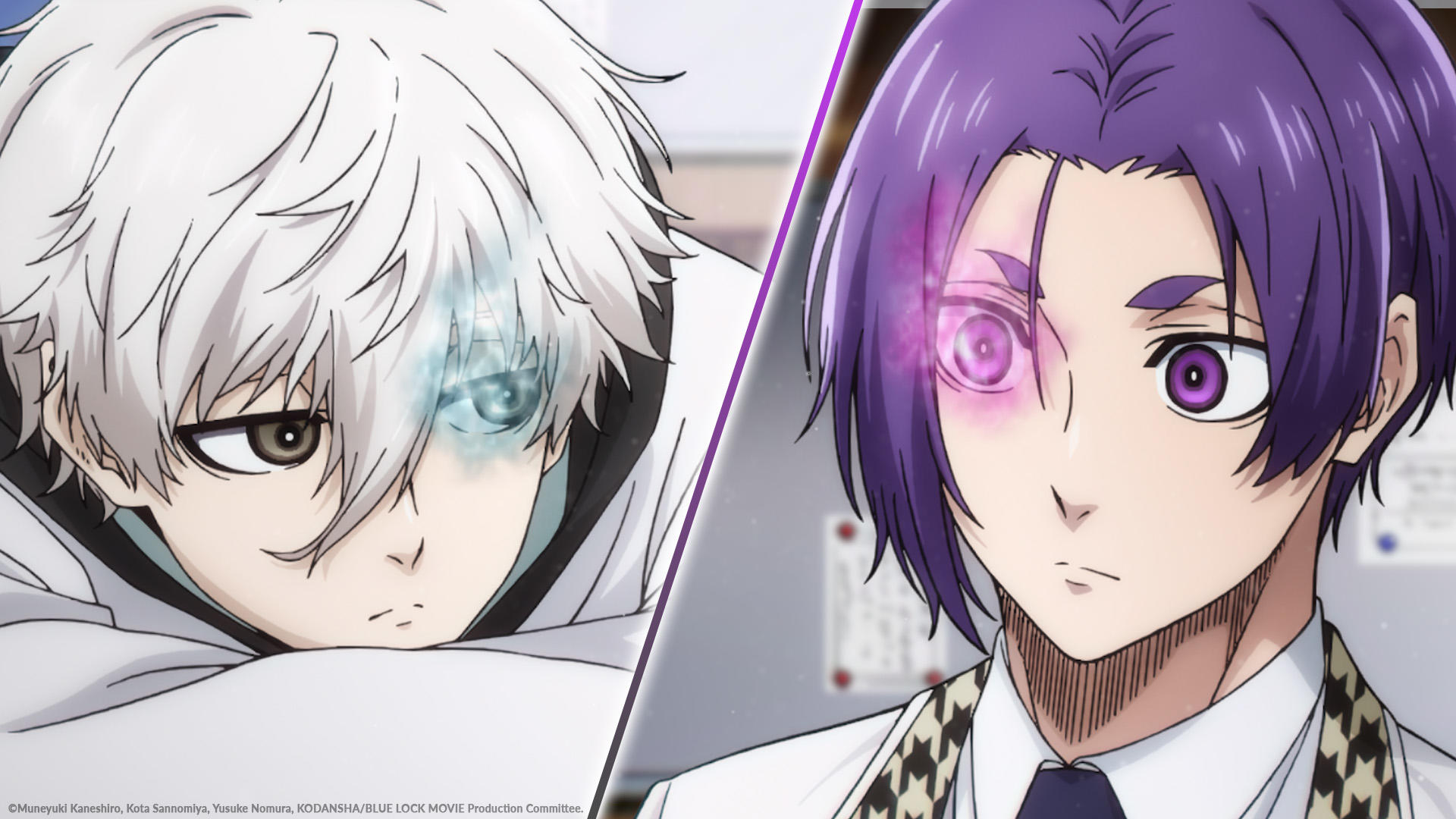 Anime-Charaktere: einer mit weißen Haaren und eisigen Augen, der andere mit lila Haaren und leuchtenden lila Augen. Beide haben intensive Blicke.