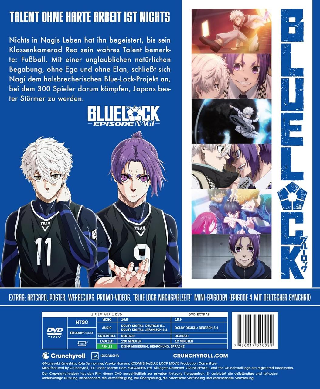 Anime-DVD-Cover mit zwei männlichen Charakteren, Text und Blue Lock-Logo. Hintergrund zeigt Anime-Stills.