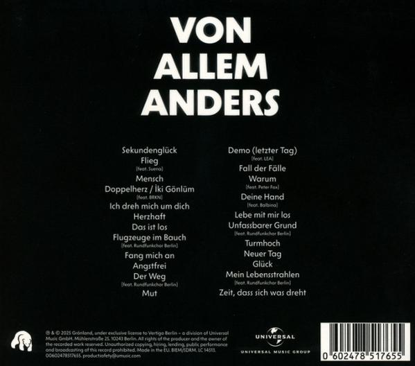 Albumcover mit weißem Text auf schwarzem Hintergrund. Titel: Von Allem Anders. Songtitel aufgelistet. Universal Music Group Logo.