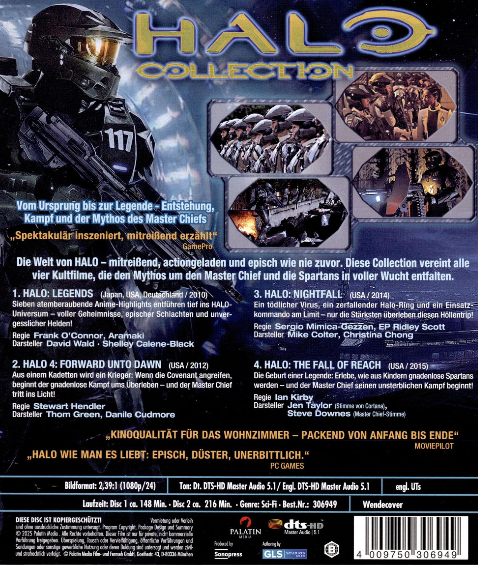 DVD-Cover. Ein Soldat in Rüstung mit '117'. Halo Collection Titel und vier Filmstills werden gezeigt.