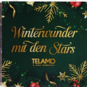 Weihnachts-CD-Cover. Grüner Hintergrund, goldener Text 'Winterwunder mit den Stars'. Verziert mit goldenen Sternen und roten Ornamenten.