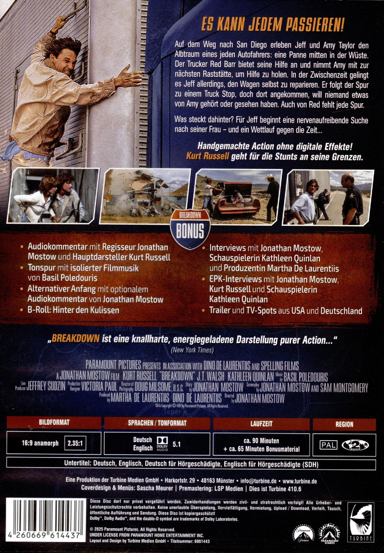 DVD-Cover für 'Breakdown', Kurt Russell, mit Text, Bildern und Logos, darunter Paramount und Turbine.