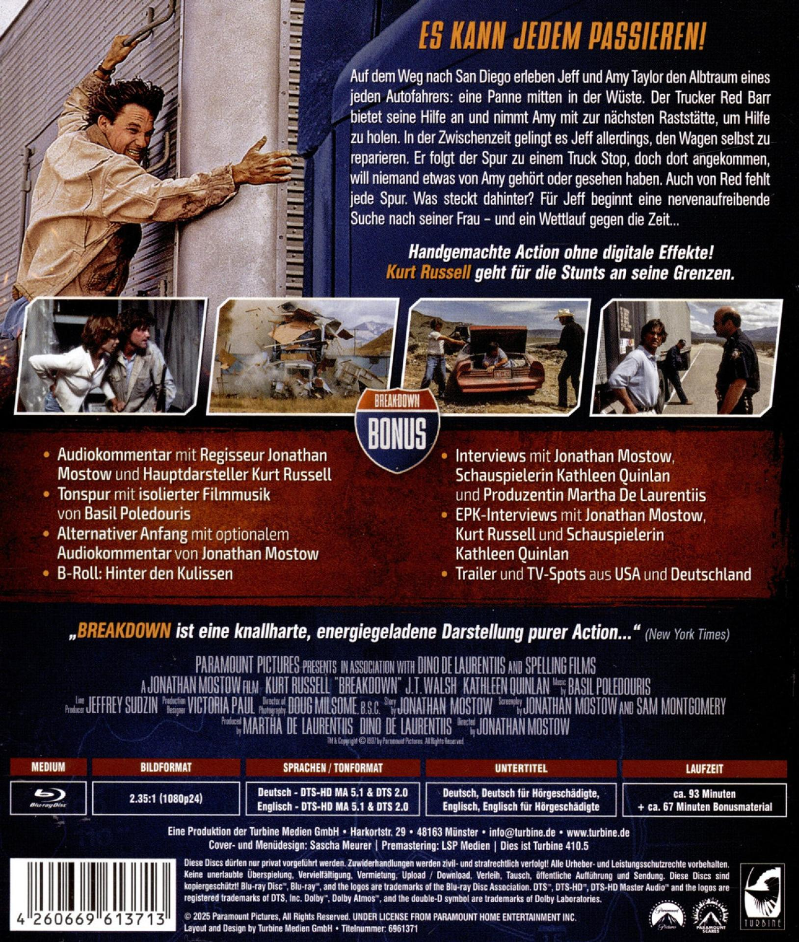 Filmmotiv. Kurt Russell in Aktion. Text: Breakdown, Bonus, Paramount Pictures und Credits.
