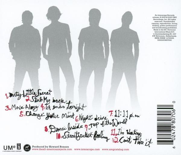 Vier schemenhafte Figuren auf einem CD-Cover. Songtitel sind in roter Schrift aufgelistet. Barcode und Textdetails rechts.