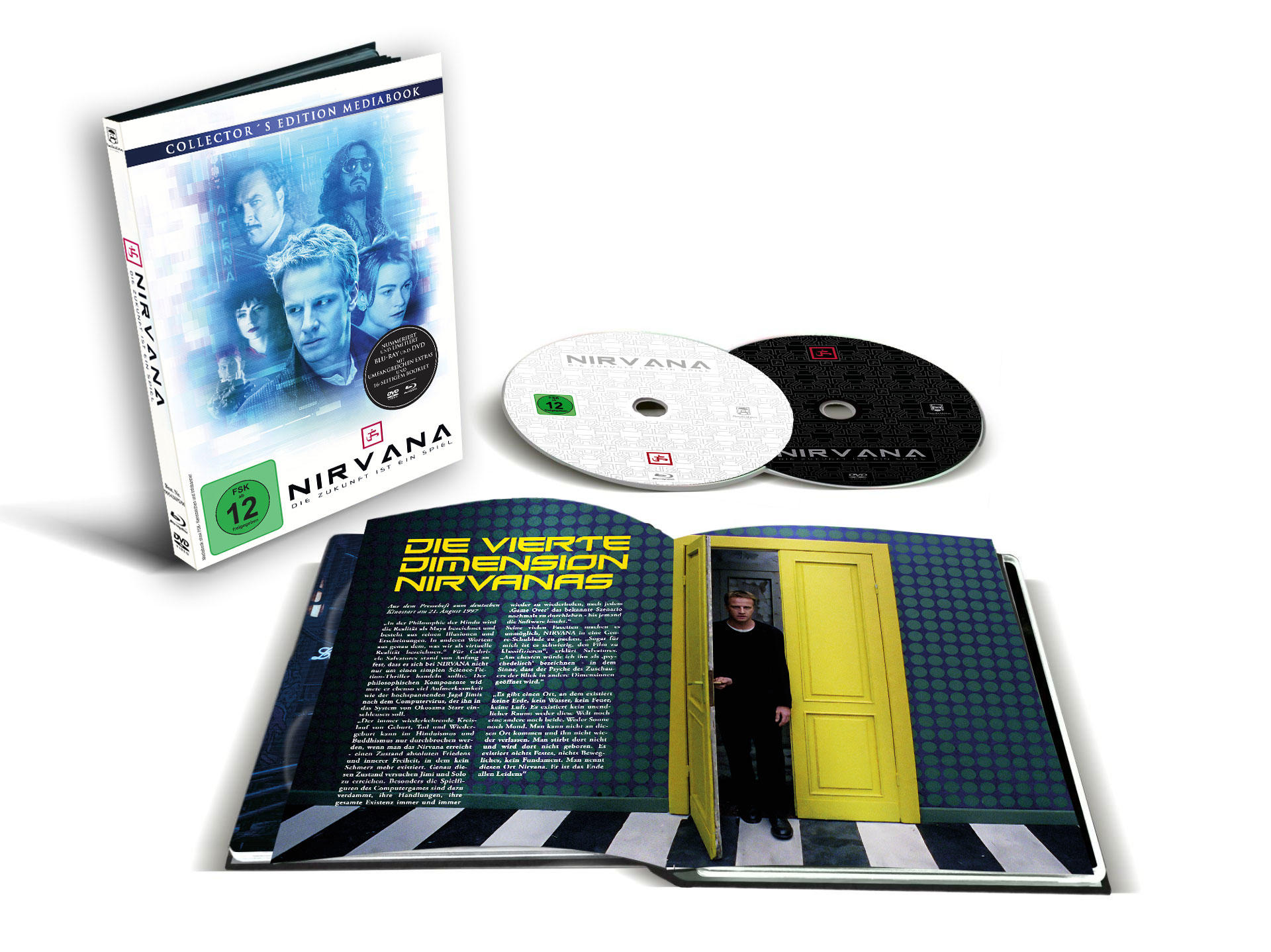 Ein DVD-Box-Set mit Filmplakaten, zwei DVDs und einem offenen Buch mit einem Mann in einer gelben Tür.