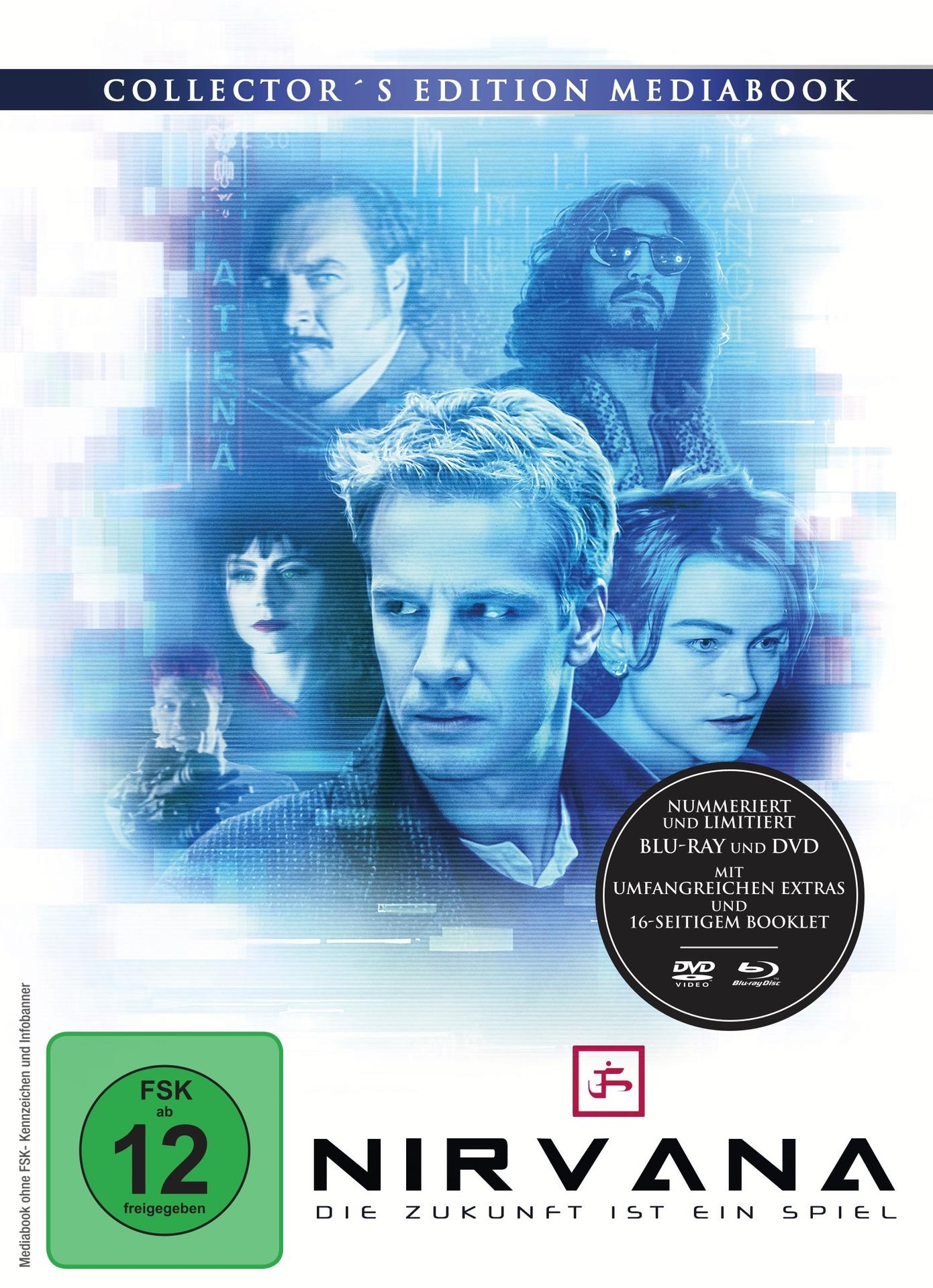 Filmcover mit Gesichtern von Schauspielern, Blautönen und Text 'Nirvana'. Enthält DVD- und Blu-ray-Informationen.