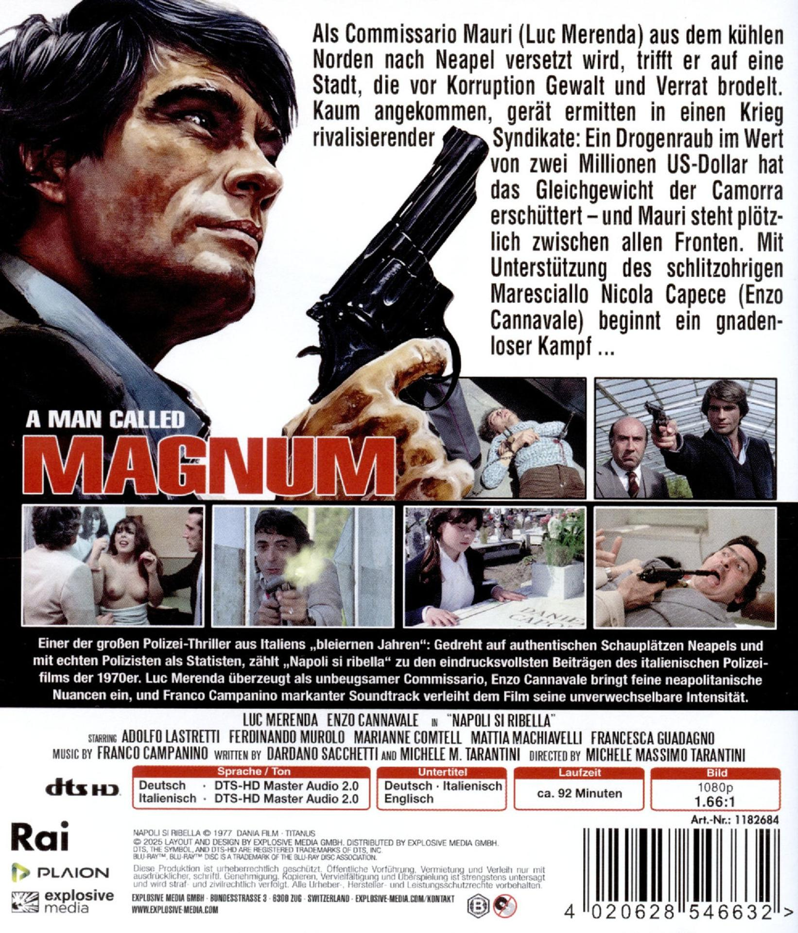 Filmposter 'A Man Called Magnum'. Ein Mann hält eine Pistole. Text auf Deutsch und Italienisch.