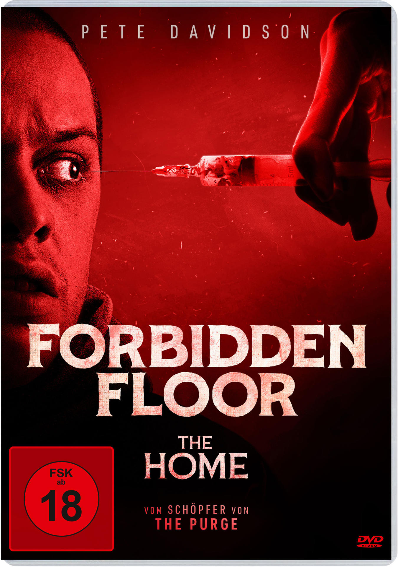 Filmposter mit rotem Hintergrund. Der Titel ist 'Forbidden Floor'. Ein Gesicht und eine Spritze sind sichtbar. Freigegeben ab 18 Jahren.