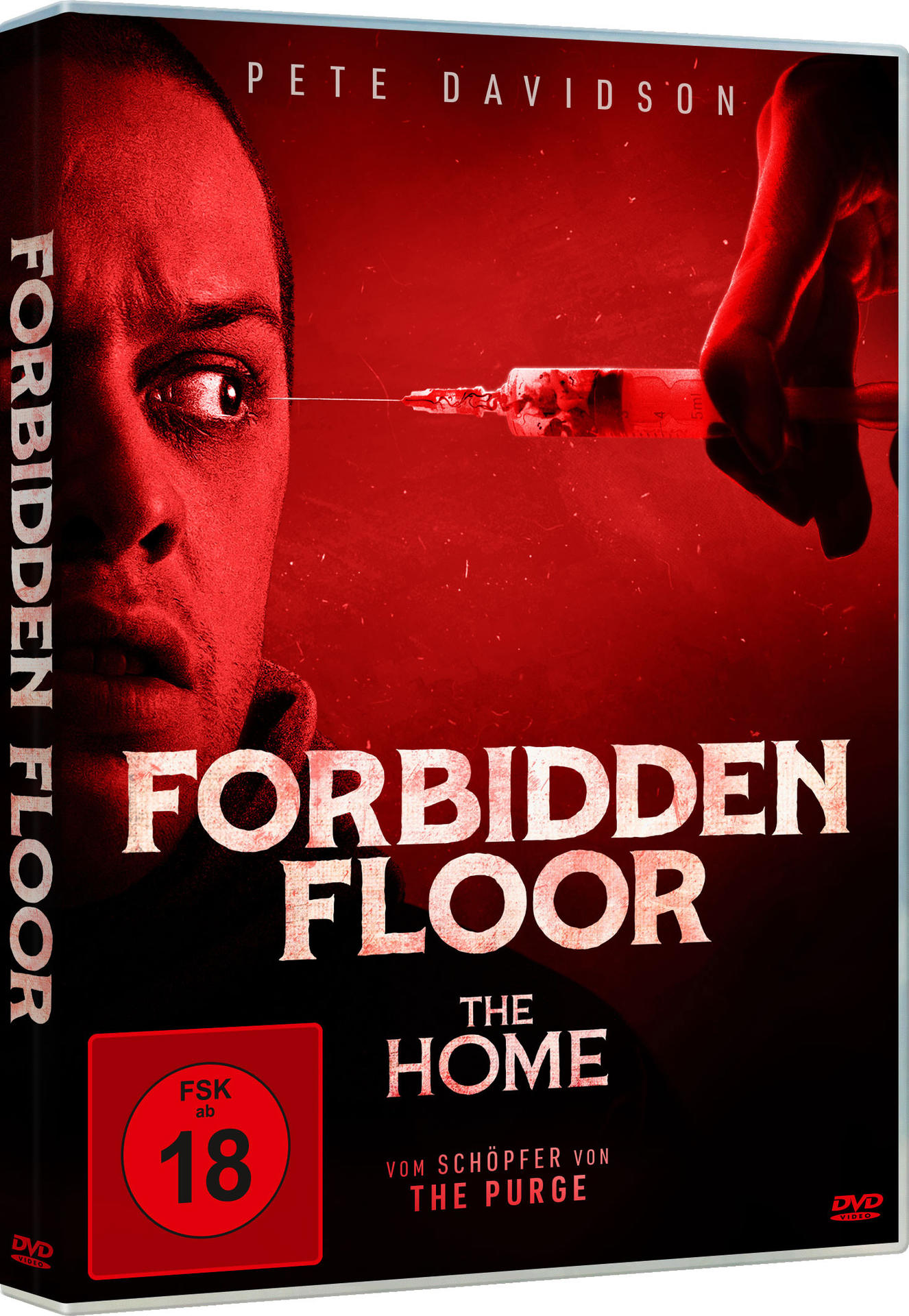 DVD-Cover. Ein Mann schaut ängstlich. Eine Spritze wird in seine Nähe gehalten. Roter Hintergrund mit Filmtitel.