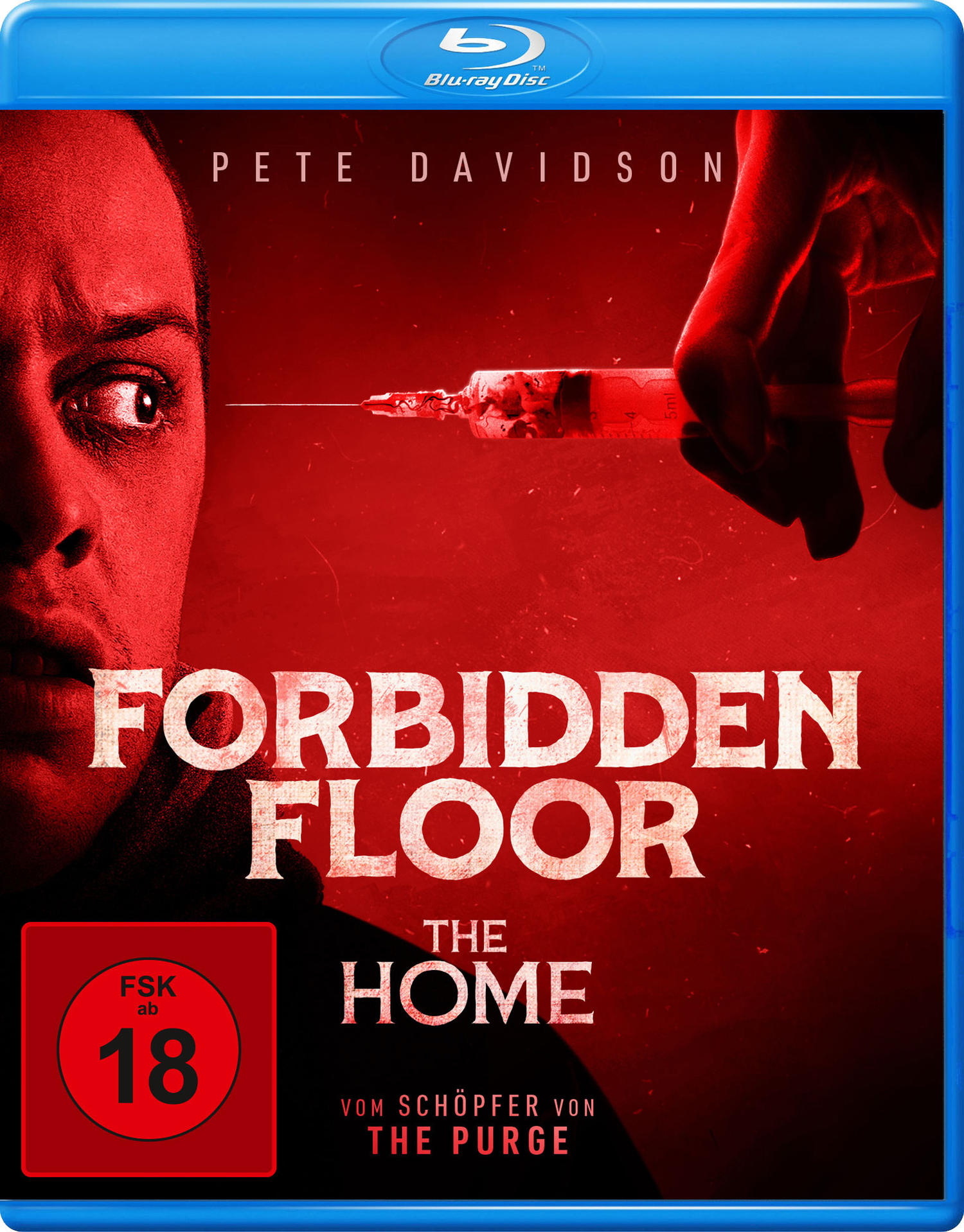 Blu-ray-Cover. Pete Davidsons Gesicht und eine Spritze auf rotem Hintergrund mit dem Filmtitel 'Forbidden Floor'.