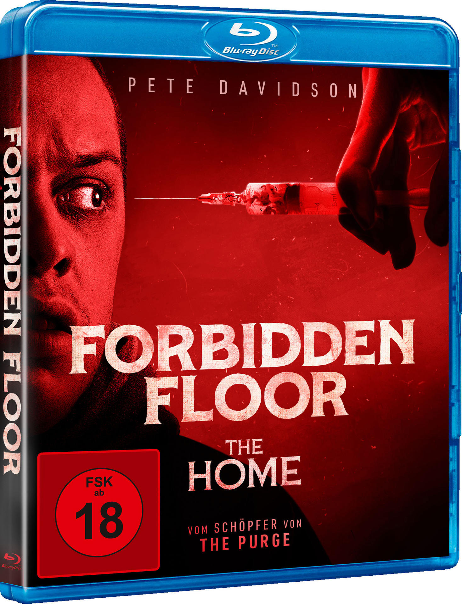 Blu-ray-Cover für Forbidden Floor. Mit Pete Davidson, Spritze und rotem Hintergrund. Die Altersfreigabe ist FSK 18.