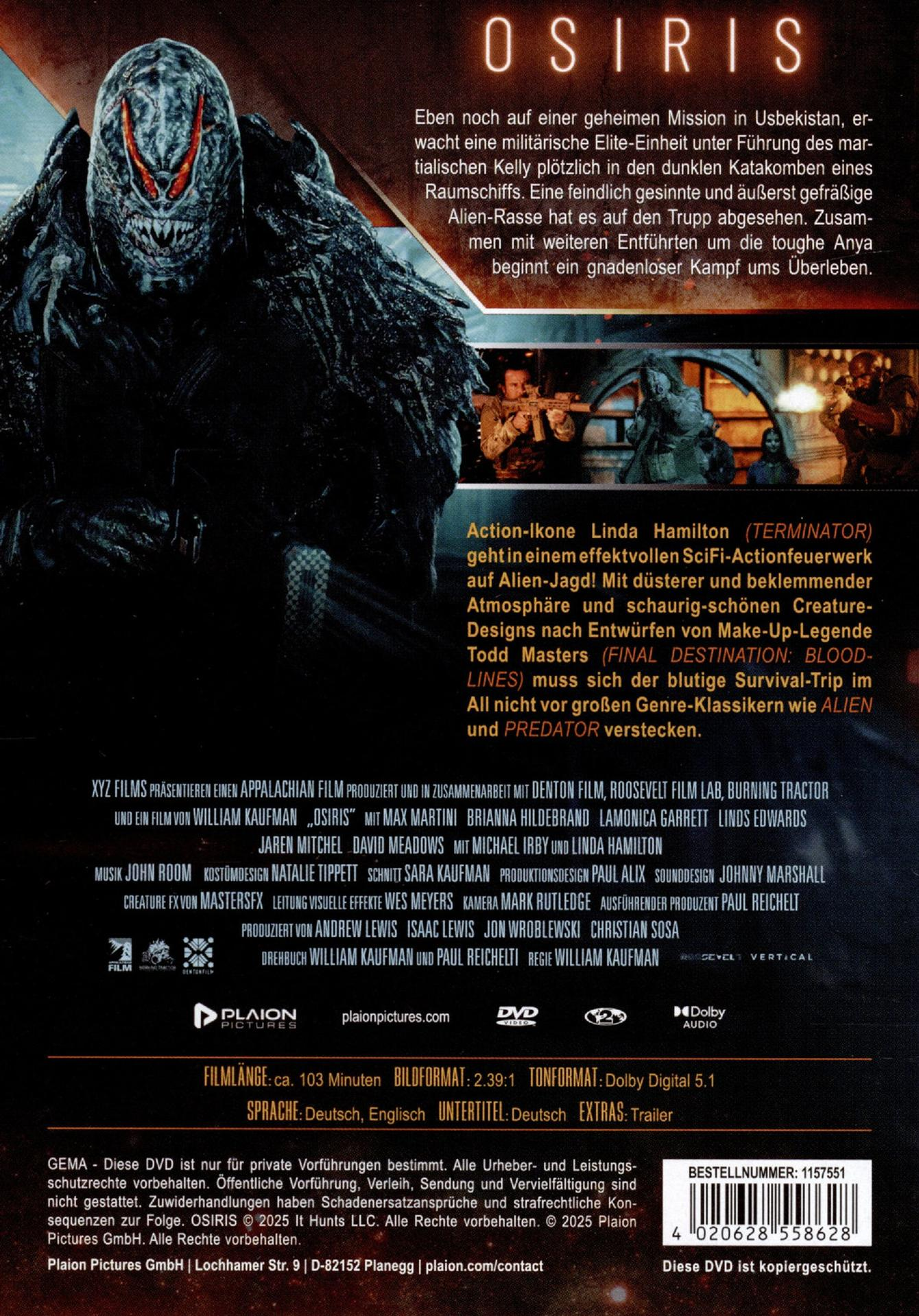 Kinoposter für Osiris. Enthält ein Monstergesicht, Titel und Text auf Deutsch.