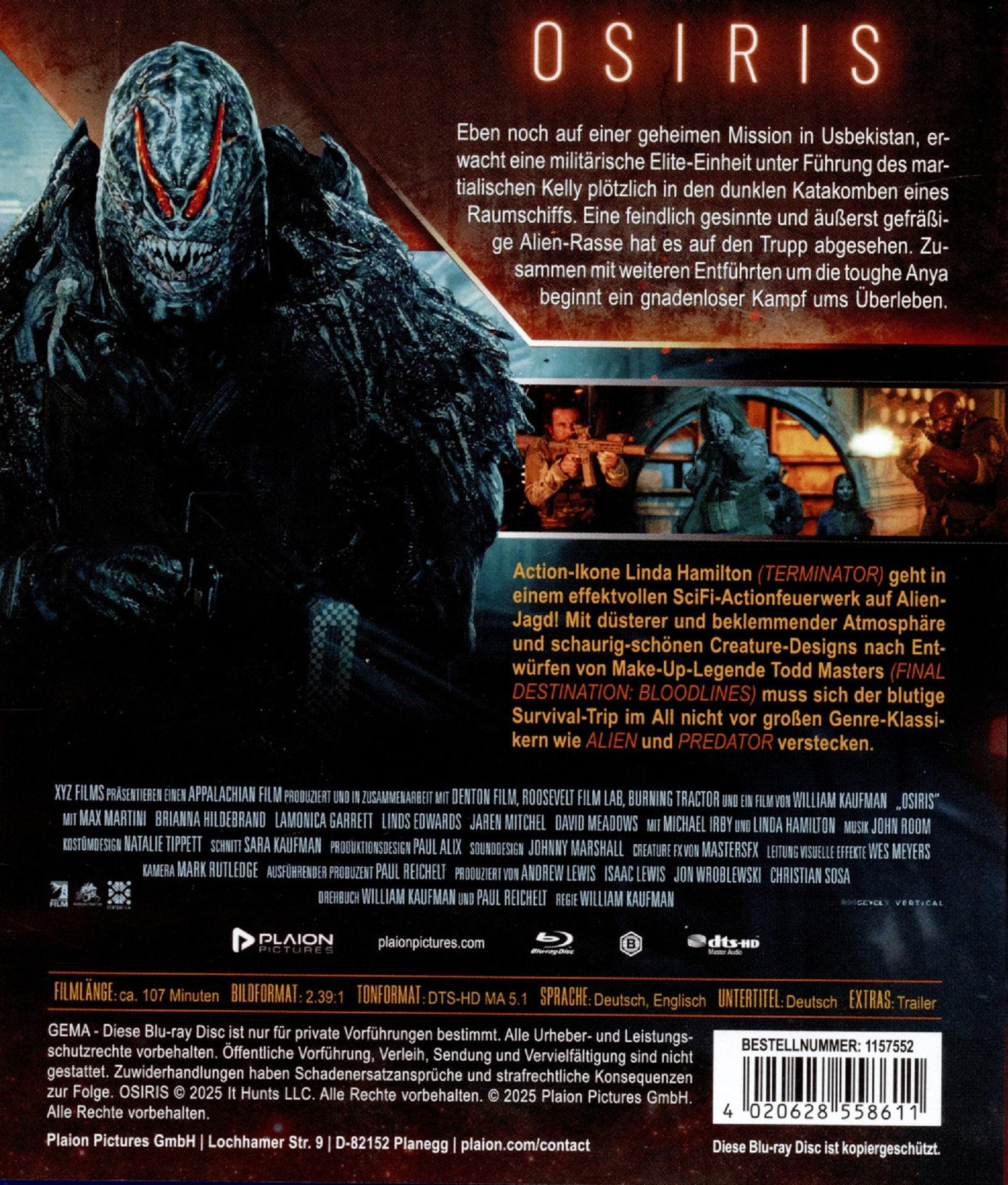 Filmposter für Osiris. Ein monströses Alien-Gesicht mit roten Augen im Vordergrund. Text und Credits im Hintergrund.