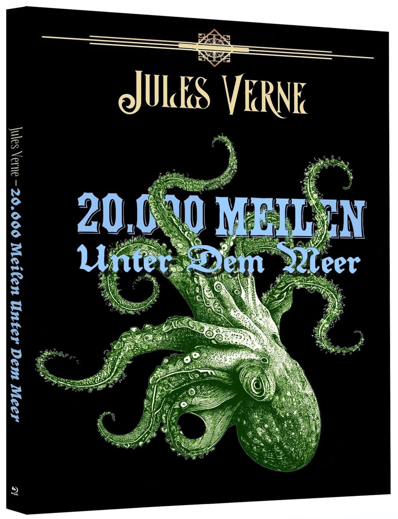Buchcover: Jules Verne, 20.000 Meilen unter dem Meer. Grüner Oktopus über Text auf schwarzem Hintergrund.