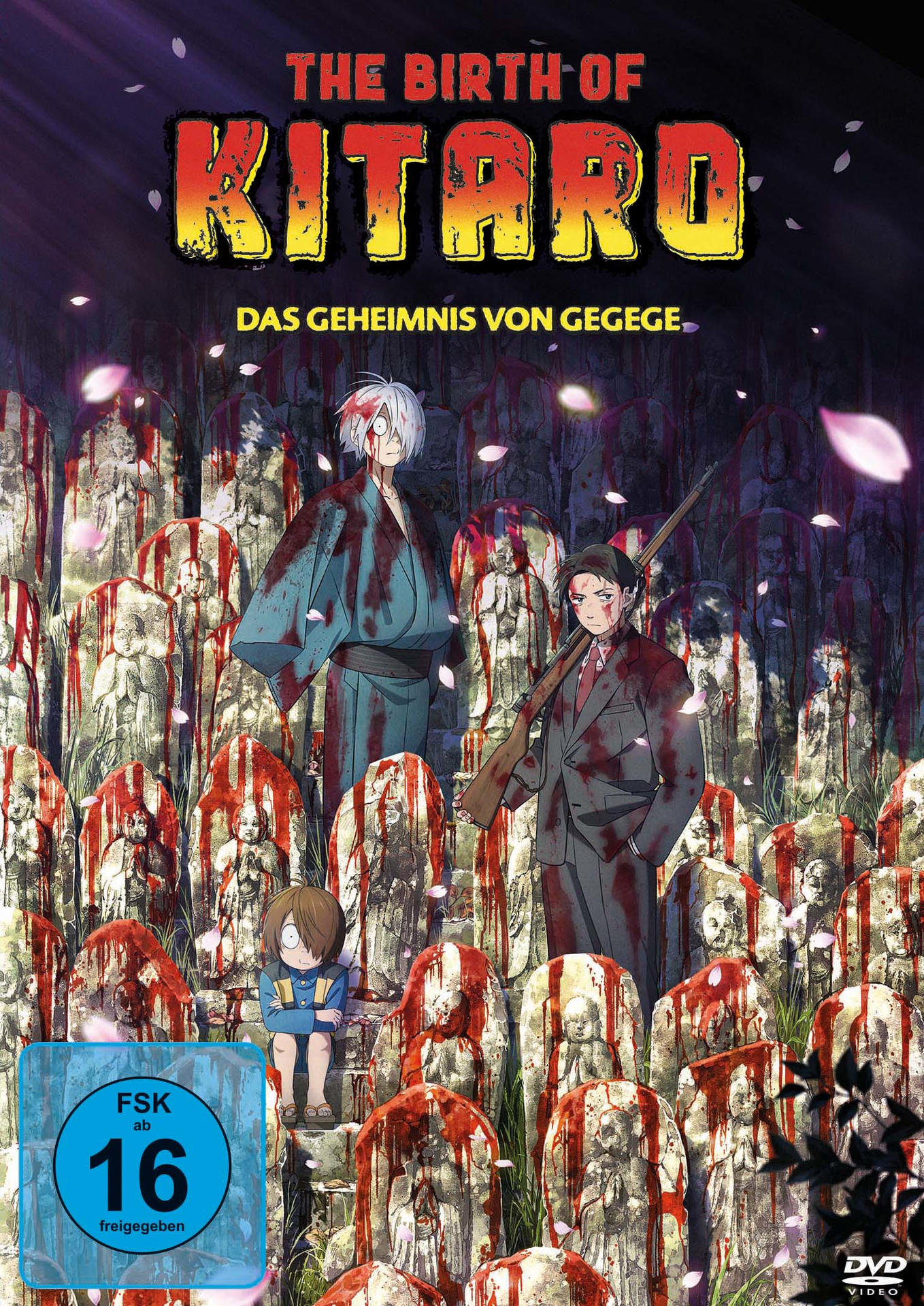 Anime-Film-Poster. Titel: The Birth of Kitaro. Charaktere stehen zwischen blutbefleckten Statuen. Ein Kind sitzt im Vordergrund.