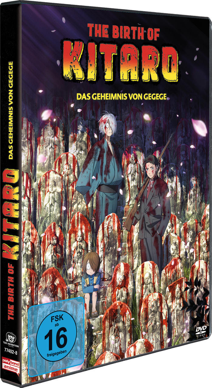 Anime-DVD-Cover mit Figuren in Friedhofsumgebung. Titel lautet 'The Birth of Kitaro'. Enthält FSK 16-Rating und DVD-Logo.