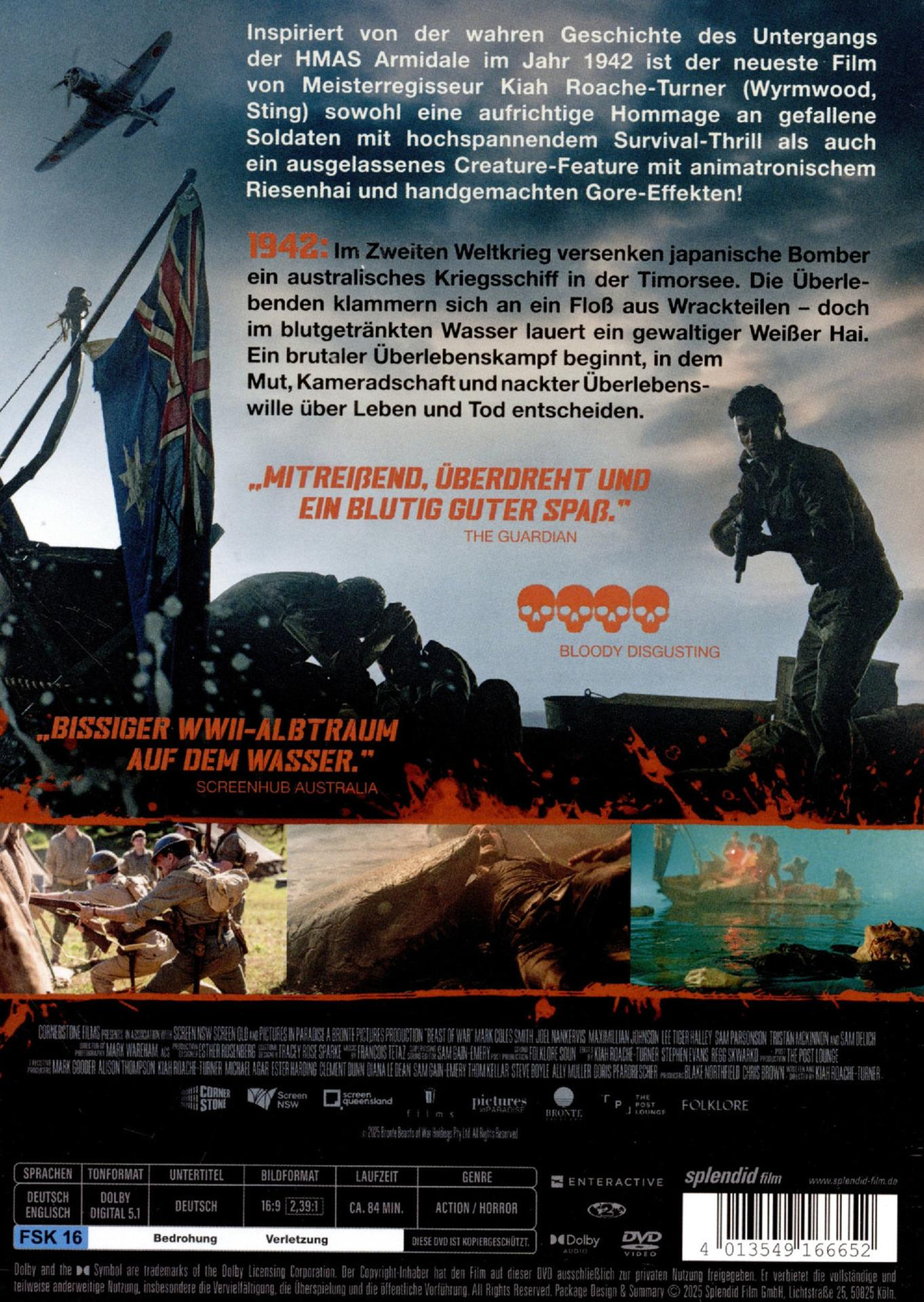 Filmposter mit Text und Bildern von Soldaten, einem Hai und einem sinkenden Schiff.
