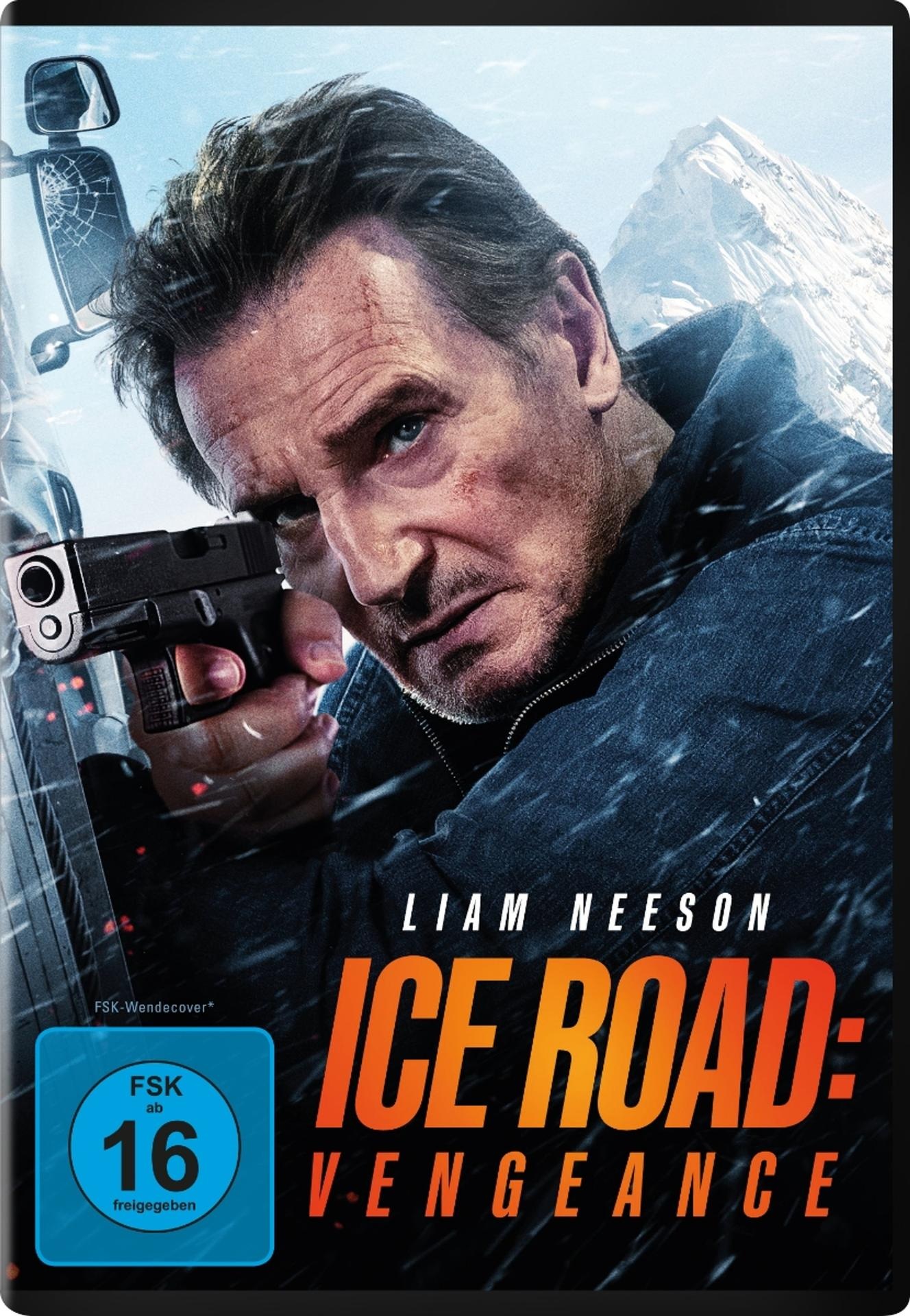 Liam Neeson hält eine Waffe, der Filmtitel 'Ice Road: Vengeance' mit schneebedeckter Bergkulisse.