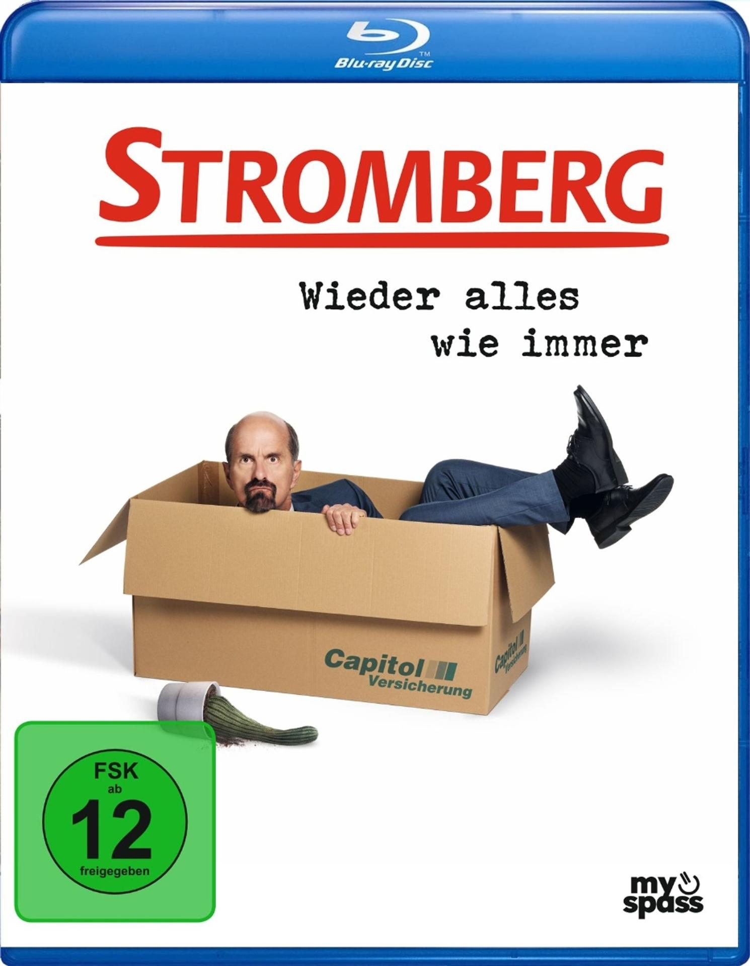 Blu-ray-Cover mit dem Titel 'Stromberg'. Ein Mann ist in einer Box. Grüner Kreis mit 'FSK 12'. Text 'Wieder alles wie immer'.