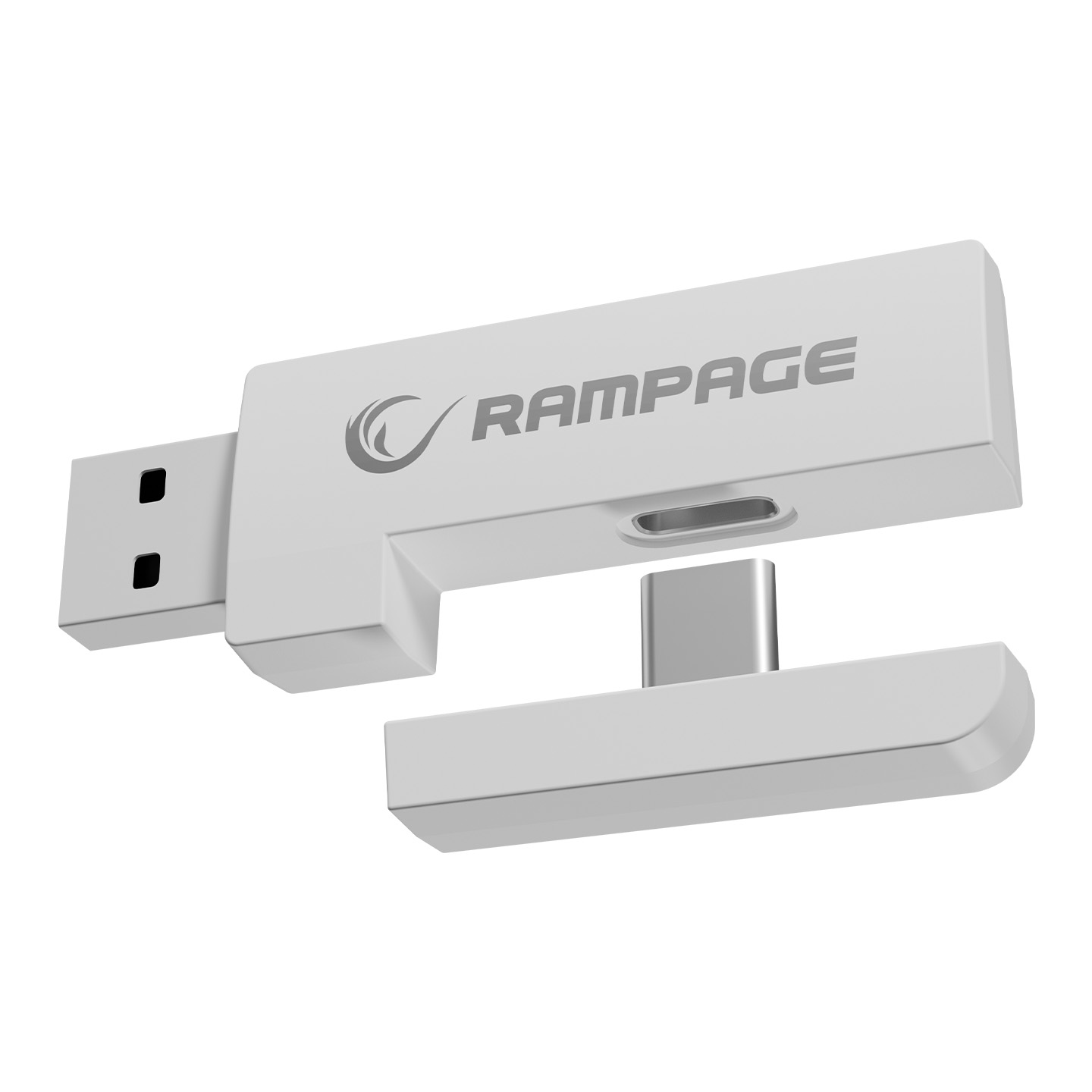 Beyaz bir Rampage USB sürücüsü, USB-A ve USB-C konektörleriyle. Logo, sürücü gövdesinde görünür.