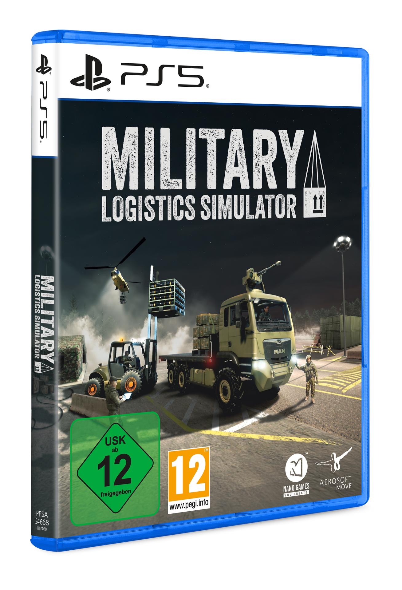 Die Spielbox zeigt eine militärische Logistikszene mit Fahrzeugen, einem Hubschrauber und dem Spieletitel 'Military Logistics Simulator'.