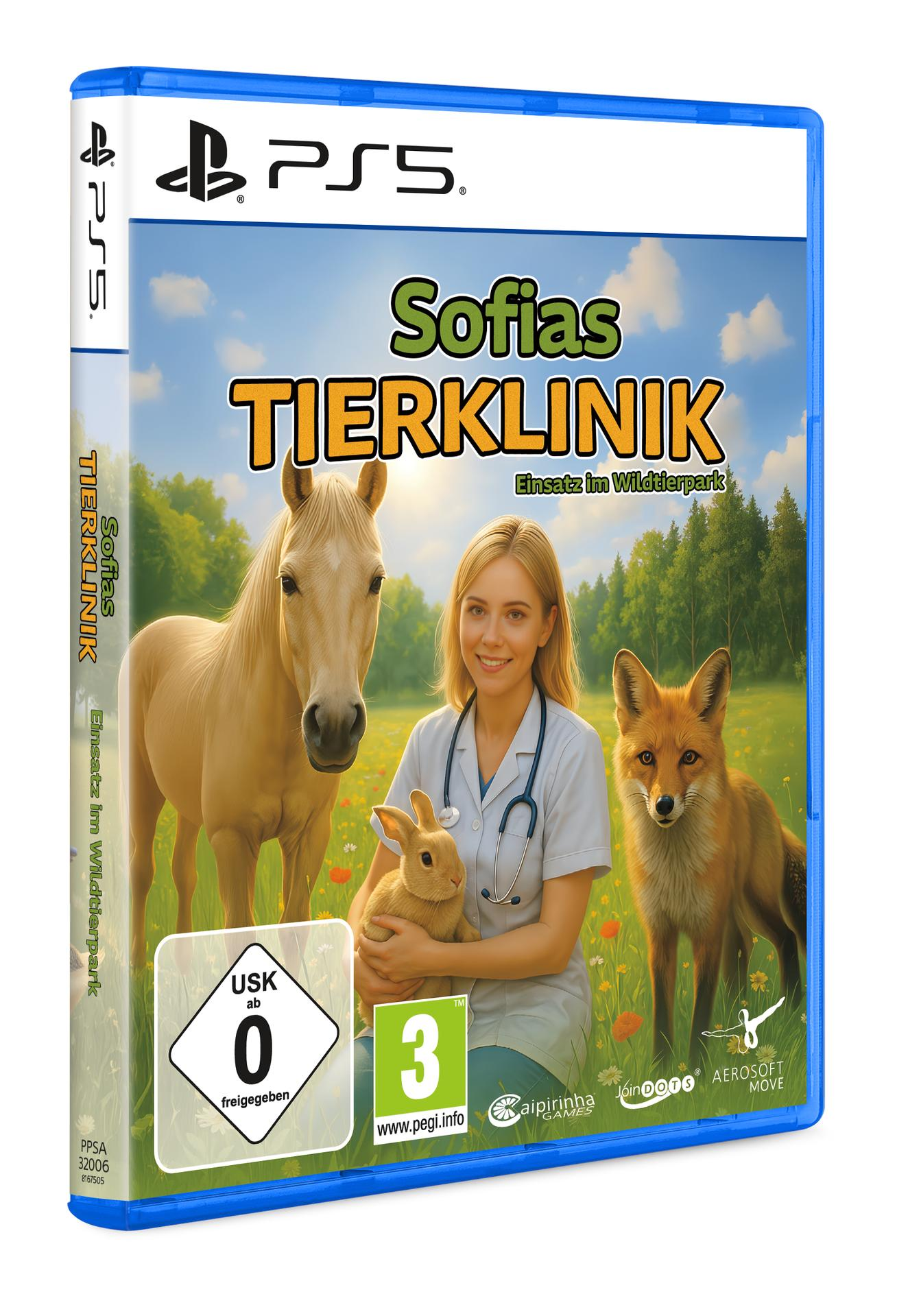 Spielcover. Eine Tierärztin hält ein Kaninchen, ein Pferd und ein Fuchs stehen neben ihr. Der Titel lautet Sofias Tierklinik.