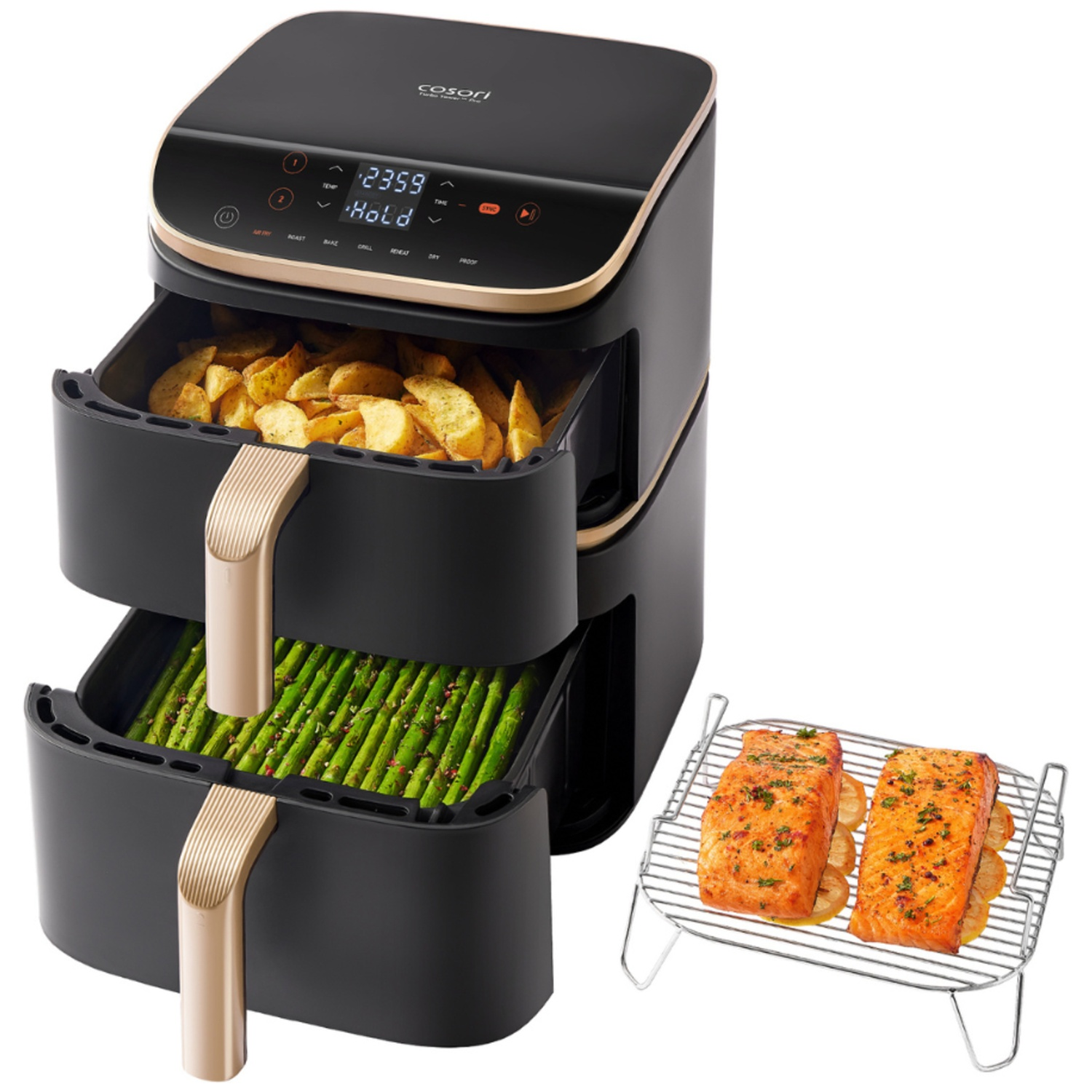 Black air fryer with food inside, and salmon on a rack. Top drawer has fries, bottom drawer has asparagus.